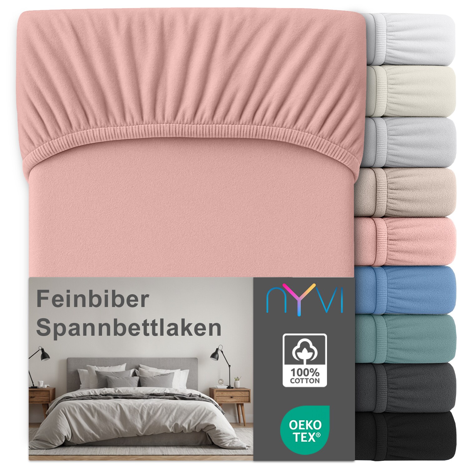 NYVI Feinbiber Spannbettlaken Deluxe f&uuml;r Matratzen bis 25 cm Stegh&ouml;he - Extra Warm & Weich, 100% Baumwolle, B&uuml;gelfrei, Vorgekrumpft Farbe:Altrosa;Gr&ouml;&szlig;e:180x200 cm - Bild 1