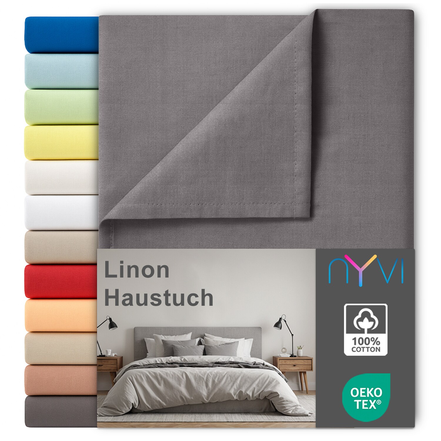 NYVI Linon Deluxe Bettlaken ohne Gummizug aus 100% atmungsaktiver Baumwolle - Betttuch auch als Sommerdecke nutzbar Farbe:Anthrazit;Gr&ouml;&szlig;e:150x250 cm - Bild 1