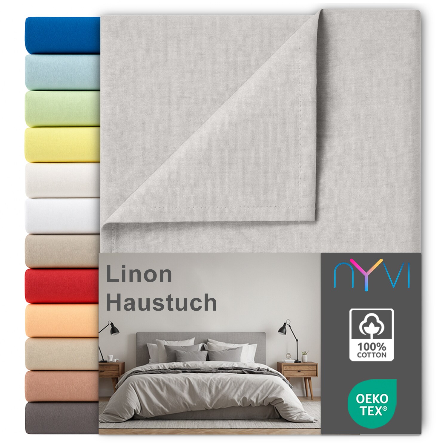 NYVI Linon Deluxe Bettlaken ohne Gummizug aus 100% atmungsaktiver Baumwolle - Betttuch auch als Sommerdecke nutzbar Farbe:Silber;Gr&ouml;&szlig;e:240x260 cm - Bild 1