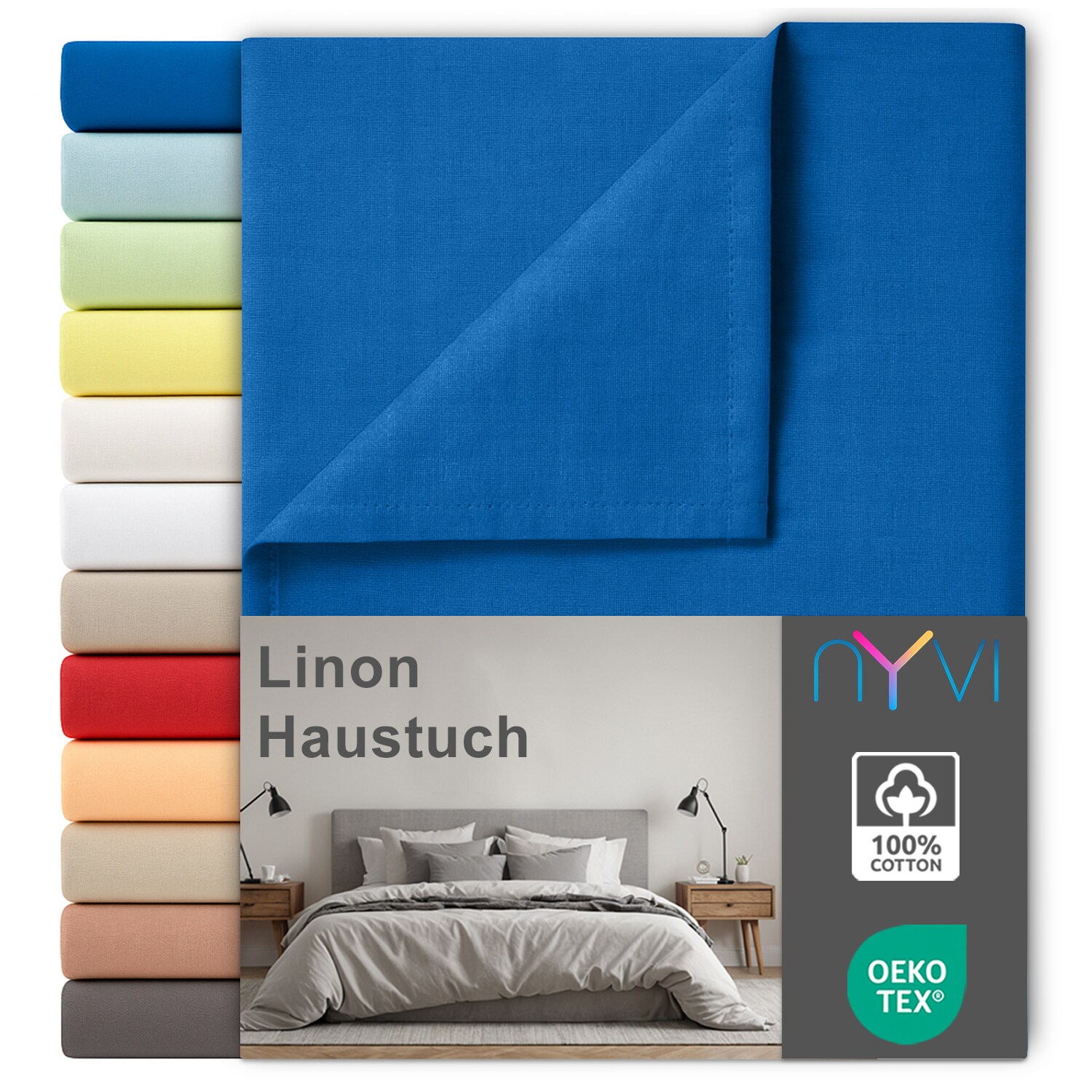 NYVI Linon Deluxe Bettlaken ohne Gummizug aus 100% atmungsaktiver Baumwolle - Betttuch auch als Sommerdecke nutzbar Farbe:Royalblau;Gr&ouml;&szlig;e:150x250 cm 