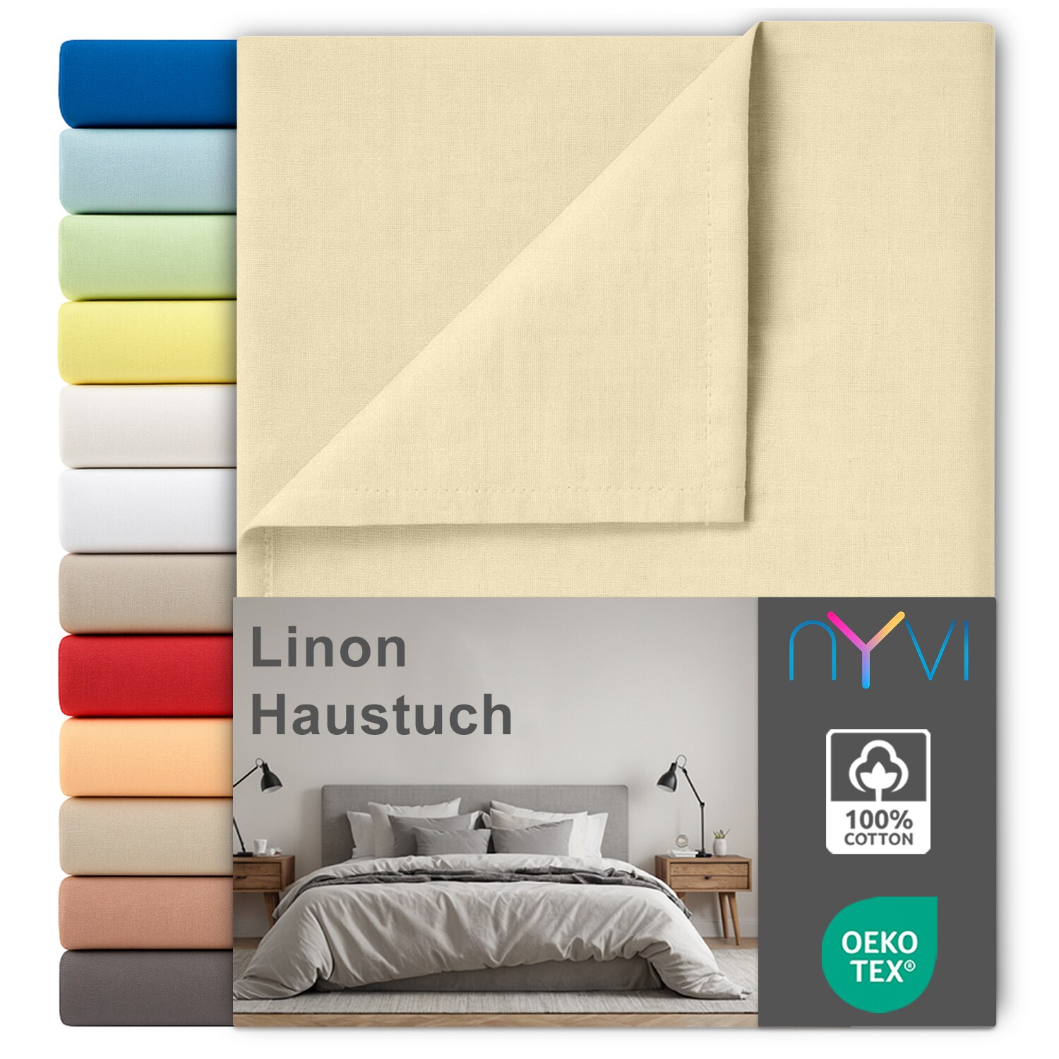NYVI Linon Deluxe Bettlaken ohne Gummizug aus 100% atmungsaktiver Baumwolle - Betttuch auch als Sommerdecke nutzbar Farbe:Creme;Gr&ouml;&szlig;e:240x260 cm - Bild 1