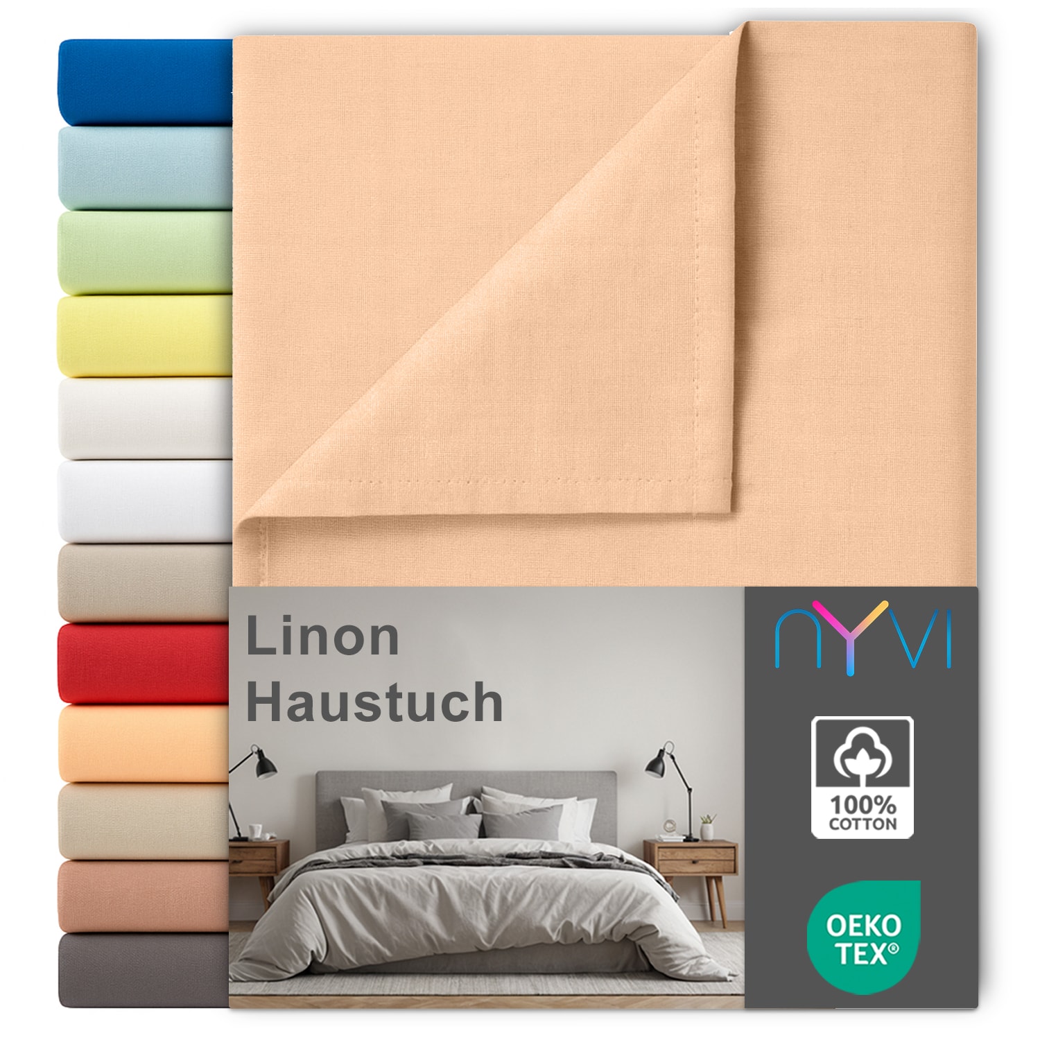 NYVI Linon Deluxe Bettlaken ohne Gummizug aus 100% atmungsaktiver Baumwolle - Betttuch auch als Sommerdecke nutzbar Farbe:Apricot;Gr&ouml;&szlig;e:150x250 cm - Bild 1