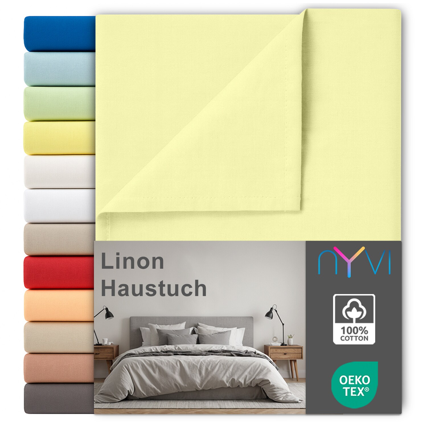 NYVI Linon Deluxe Bettlaken ohne Gummizug aus 100% atmungsaktiver Baumwolle - Betttuch auch als Sommerdecke nutzbar Farbe:Gelb;Gr&ouml;&szlig;e:150x250 cm - Bild 1