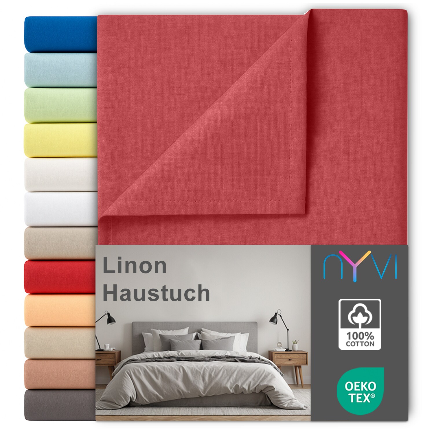 NYVI Linon Deluxe Bettlaken ohne Gummizug aus 100% atmungsaktiver Baumwolle - Betttuch auch als Sommerdecke nutzbar Farbe:Rot;Gr&ouml;&szlig;e:150x250 cm - Bild 1