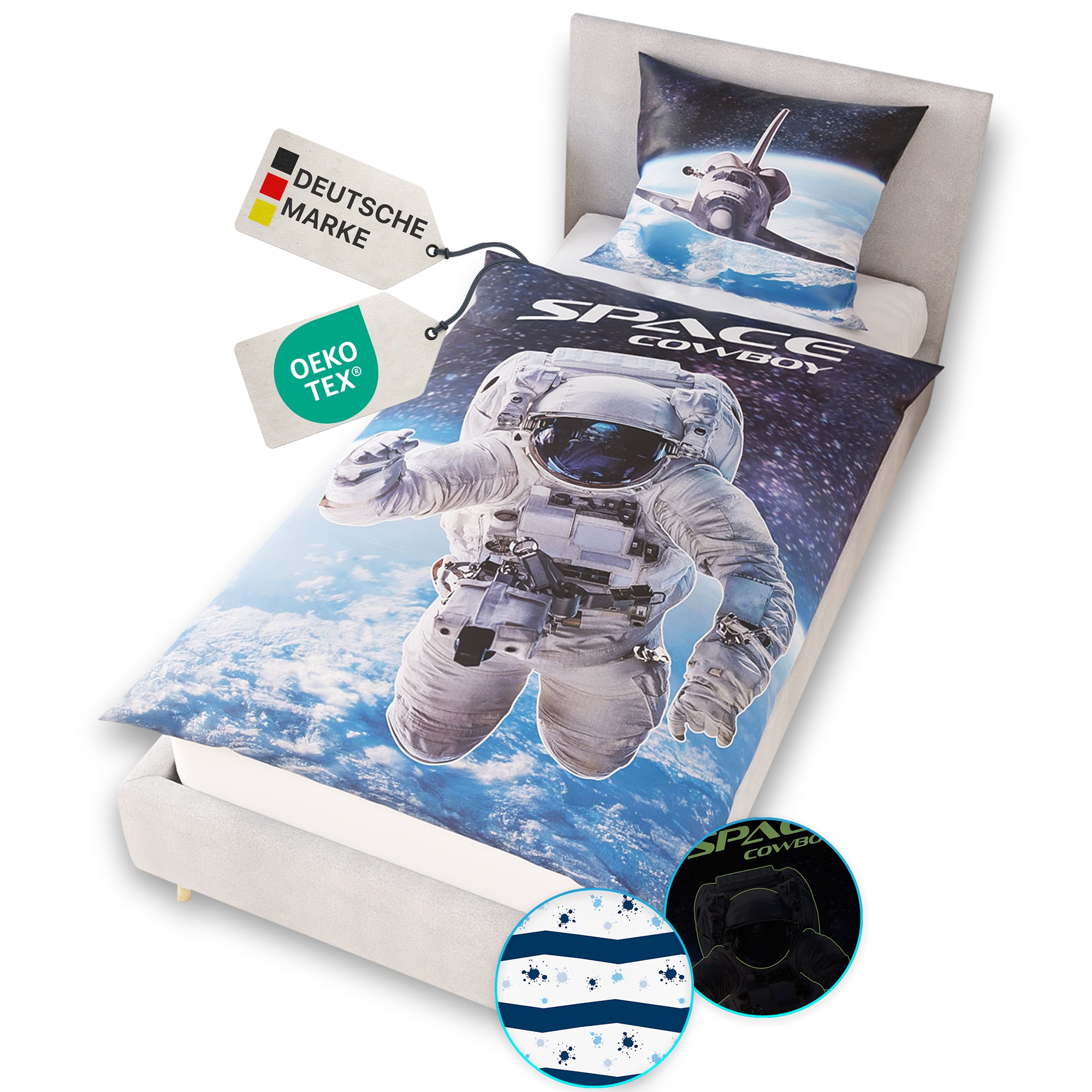 NYVI Renforce Kinderbettw&auml;sche Glow in the Dark aus 100% Baumwolle - Vorderseite leuchtend, mit Wendemuster, Rei&szlig;verschluss, OEKO-TEX 100 Gr&ouml;&szlig;e:135x200 cm;Farbe:Astronaut - Bild 1