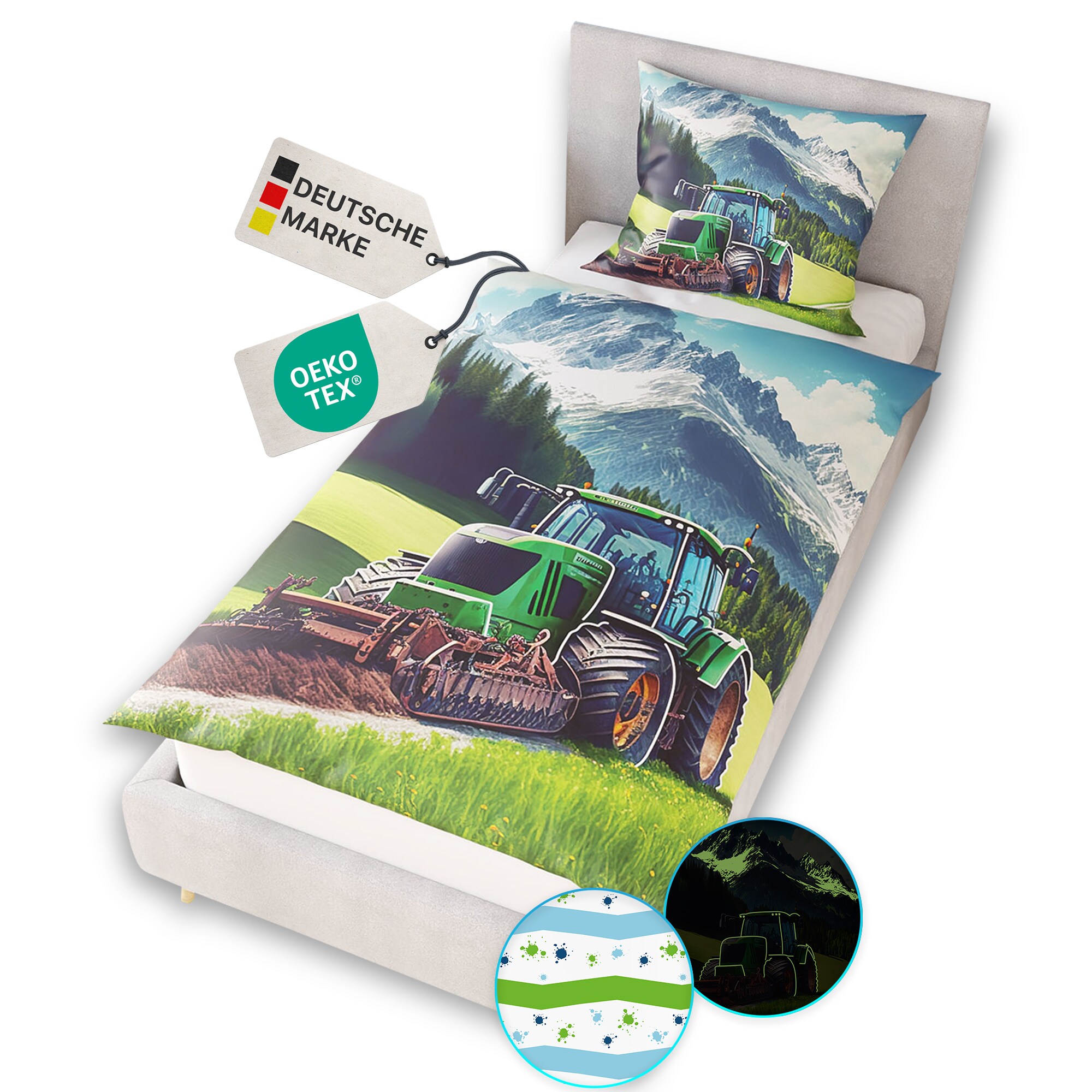 NYVI Renforce Kinderbettw&auml;sche Glow in the Dark aus 100% Baumwolle - Vorderseite leuchtend, mit Wendemuster, Rei&szlig;verschluss, OEKO-TEX 100 Gr&ouml;&szlig;e:135x200 cm;Farbe:Traktor - Bild 1