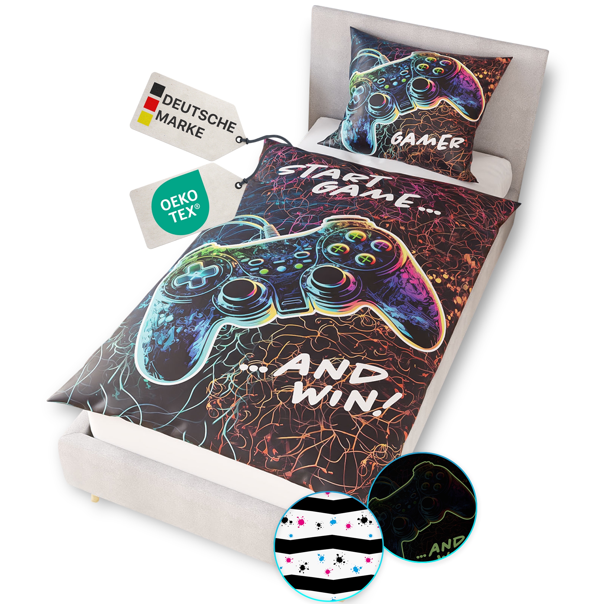 NYVI Renforce Kinderbettw&auml;sche Glow in the Dark aus 100% Baumwolle - Vorderseite leuchtend, mit Wendemuster, Rei&szlig;verschluss, OEKO-TEX 100 Gr&ouml;&szlig;e:135x200 cm;Farbe:Gamer - Bild 1