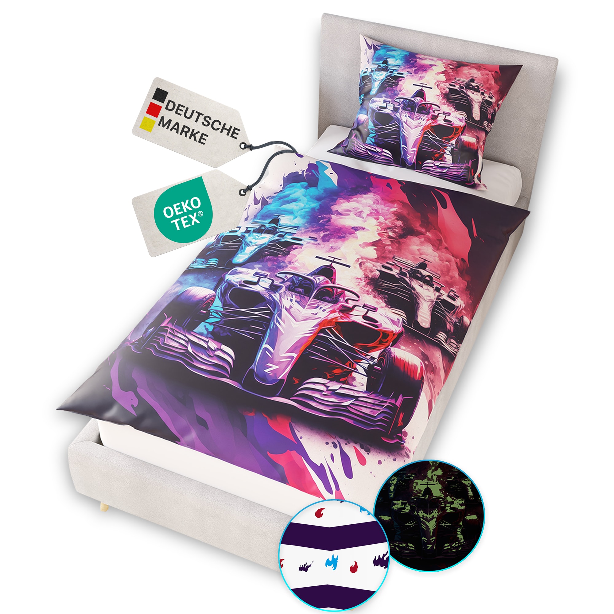 NYVI Renforce Kinderbettw&auml;sche Glow in the Dark aus 100% Baumwolle - Vorderseite leuchtend, mit Wendemuster, Rei&szlig;verschluss, OEKO-TEX 100 Gr&ouml;&szlig;e:135x200 cm;Farbe:Rennautos - Bild 1