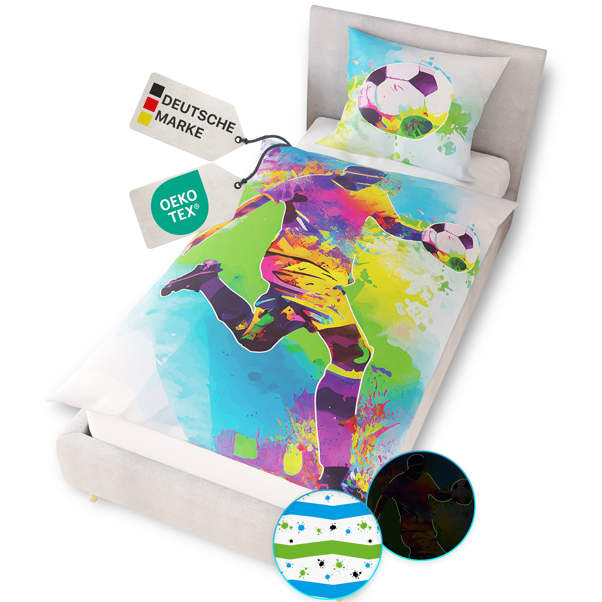 NYVI Renforce Kinderbettw&auml;sche Glow in the Dark aus 100% Baumwolle - Vorderseite leuchtend, mit Wendemuster, Rei&szlig;verschluss, OEKO-TEX 100 Gr&ouml;&szlig;e:135x200 cm;Farbe:Fu&szlig;ball - Bild 1