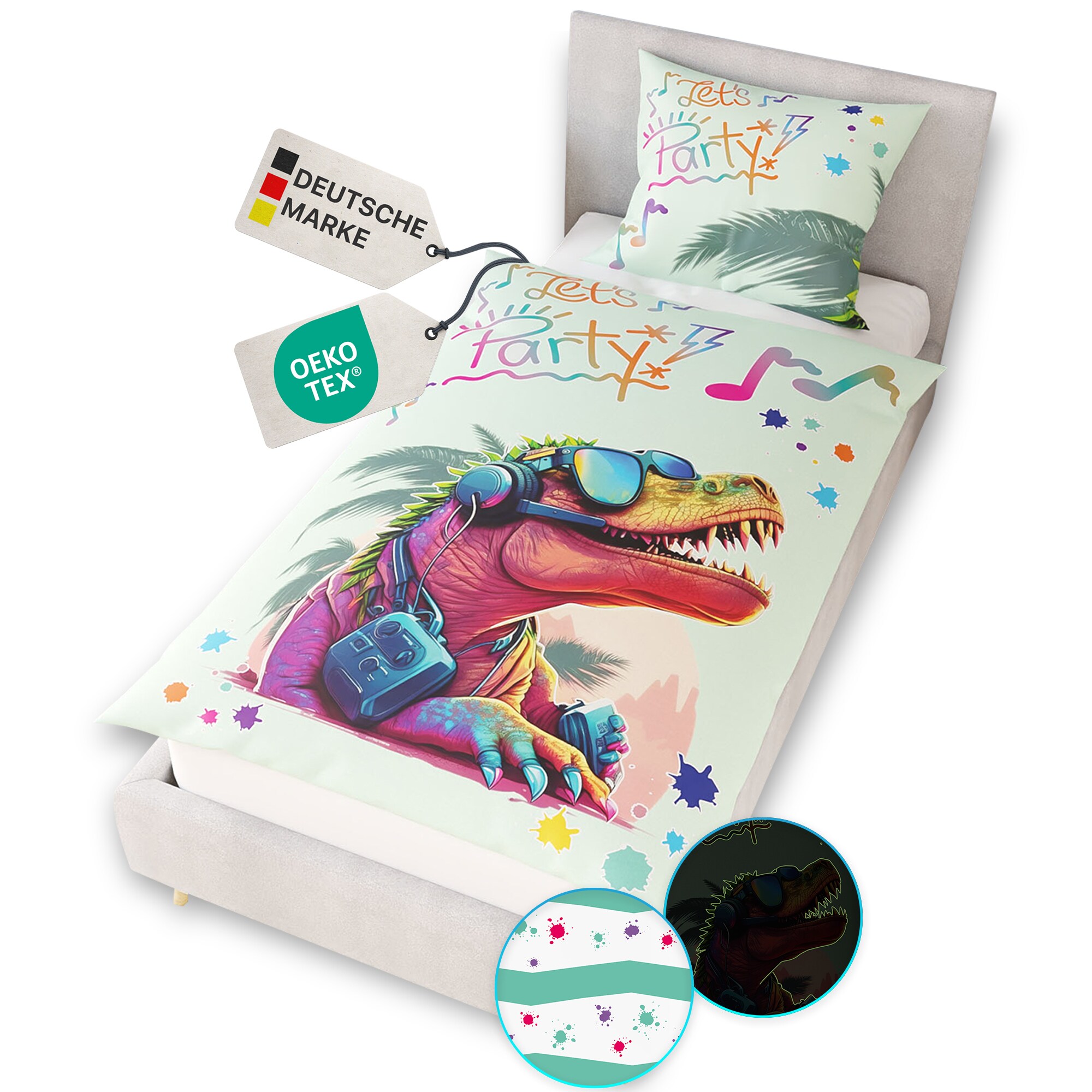 NYVI Renforce Kinderbettw&auml;sche Glow in the Dark aus 100% Baumwolle - Vorderseite leuchtend, mit Wendemuster, Rei&szlig;verschluss, OEKO-TEX 100 Gr&ouml;&szlig;e:135x200 cm;Farbe:Party Dino - Bild 1