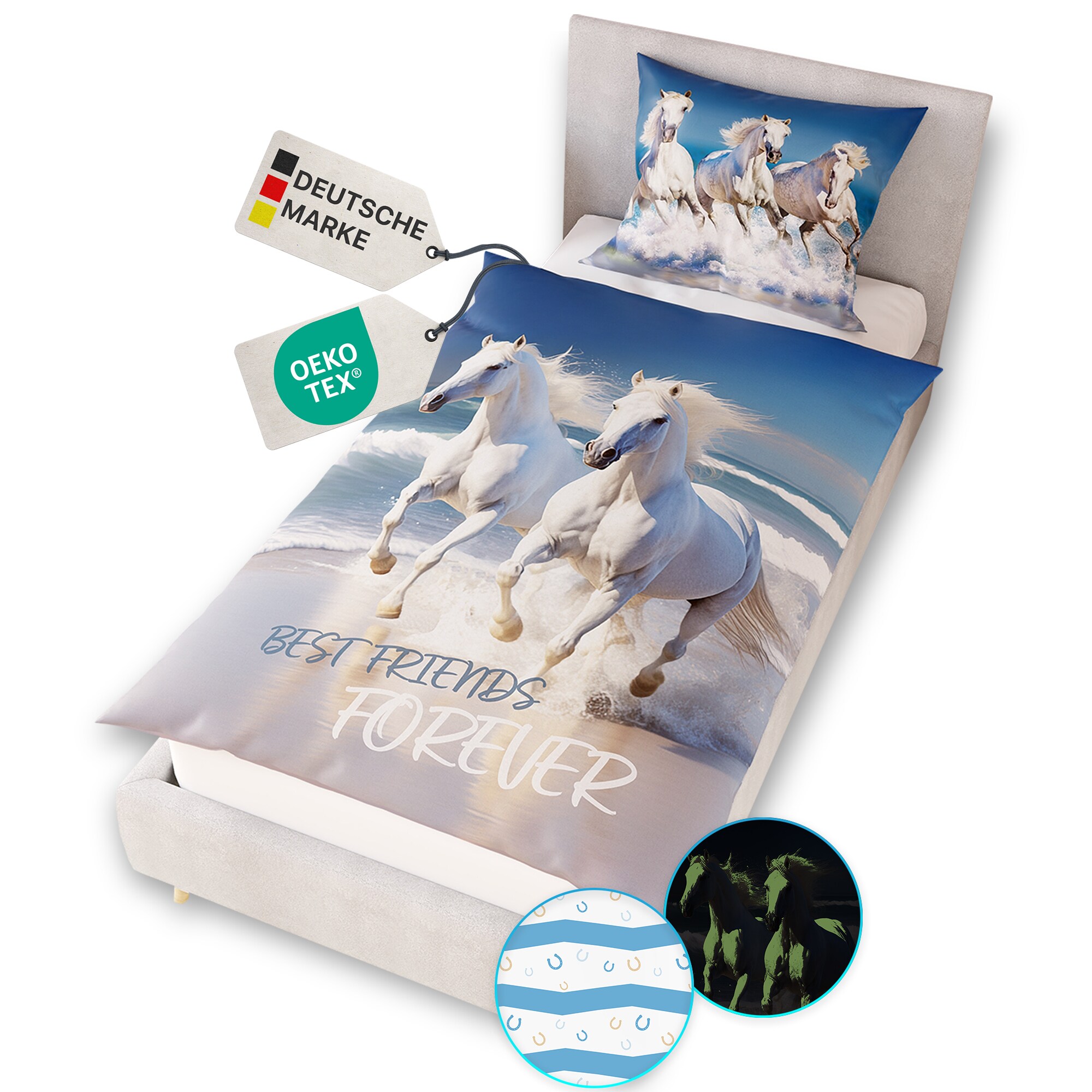 NYVI Renforce Kinderbettw&auml;sche Glow in the Dark aus 100% Baumwolle - Vorderseite leuchtend, mit Wendemuster, Rei&szlig;verschluss, OEKO-TEX 100 Gr&ouml;&szlig;e:135x200 cm;Farbe:Pferde - Bild 1