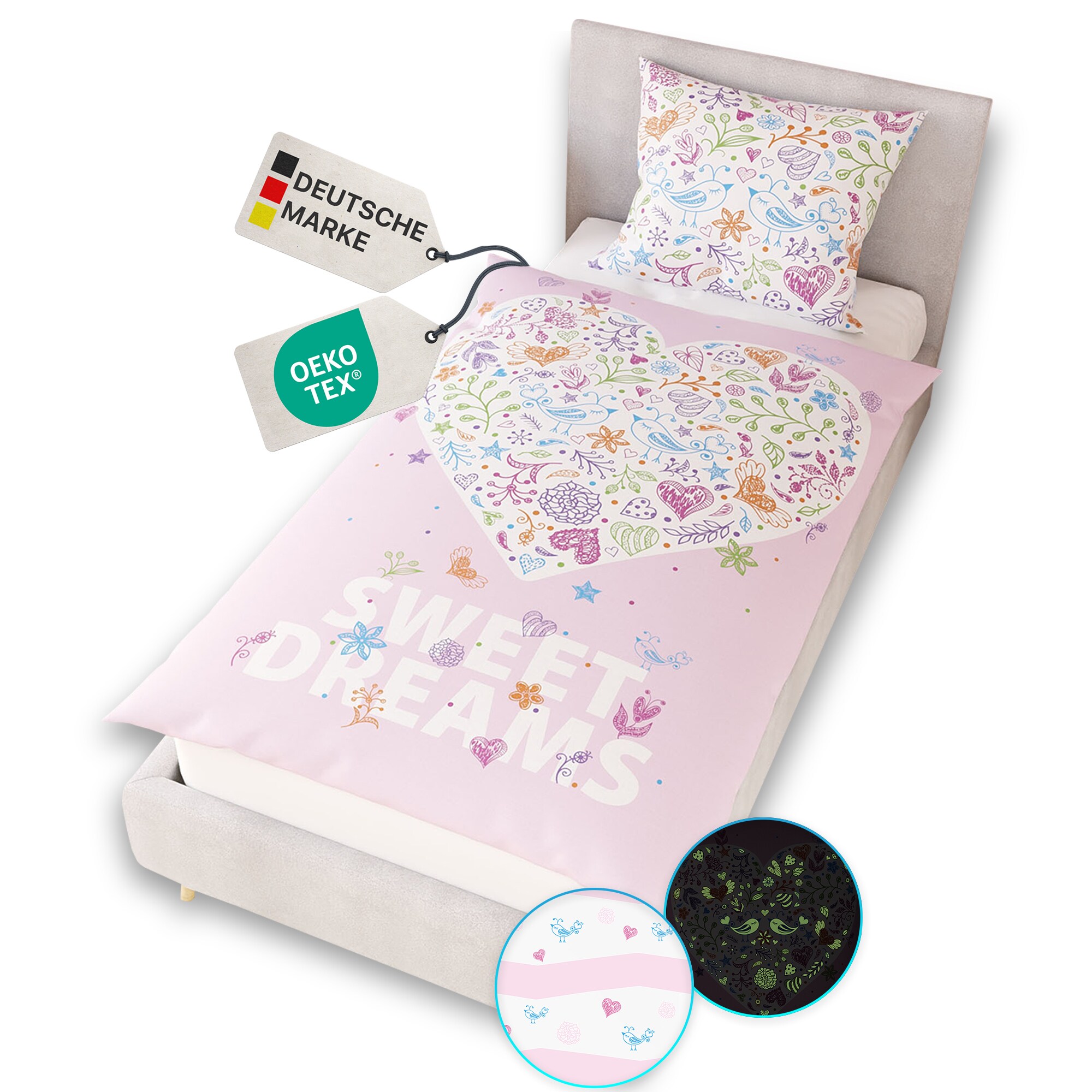 NYVI Renforce Kinderbettw&auml;sche Glow in the Dark aus 100% Baumwolle - Vorderseite leuchtend, mit Wendemuster, Rei&szlig;verschluss, OEKO-TEX 100 Gr&ouml;&szlig;e:135x200 cm;Farbe:Sweet Dreams - Bild 1