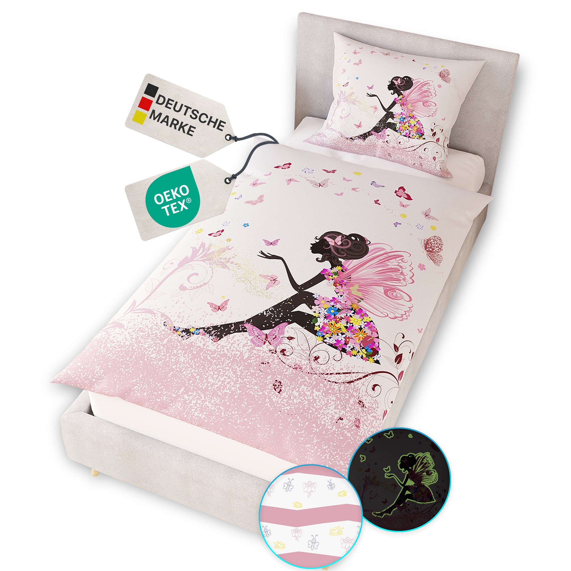 NYVI Renforce Kinderbettw&auml;sche Glow in the Dark aus 100% Baumwolle - Vorderseite leuchtend, mit Wendemuster, Rei&szlig;verschluss, OEKO-TEX 100 Gr&ouml;&szlig;e:135x200 cm;Farbe:Fee - Bild 1