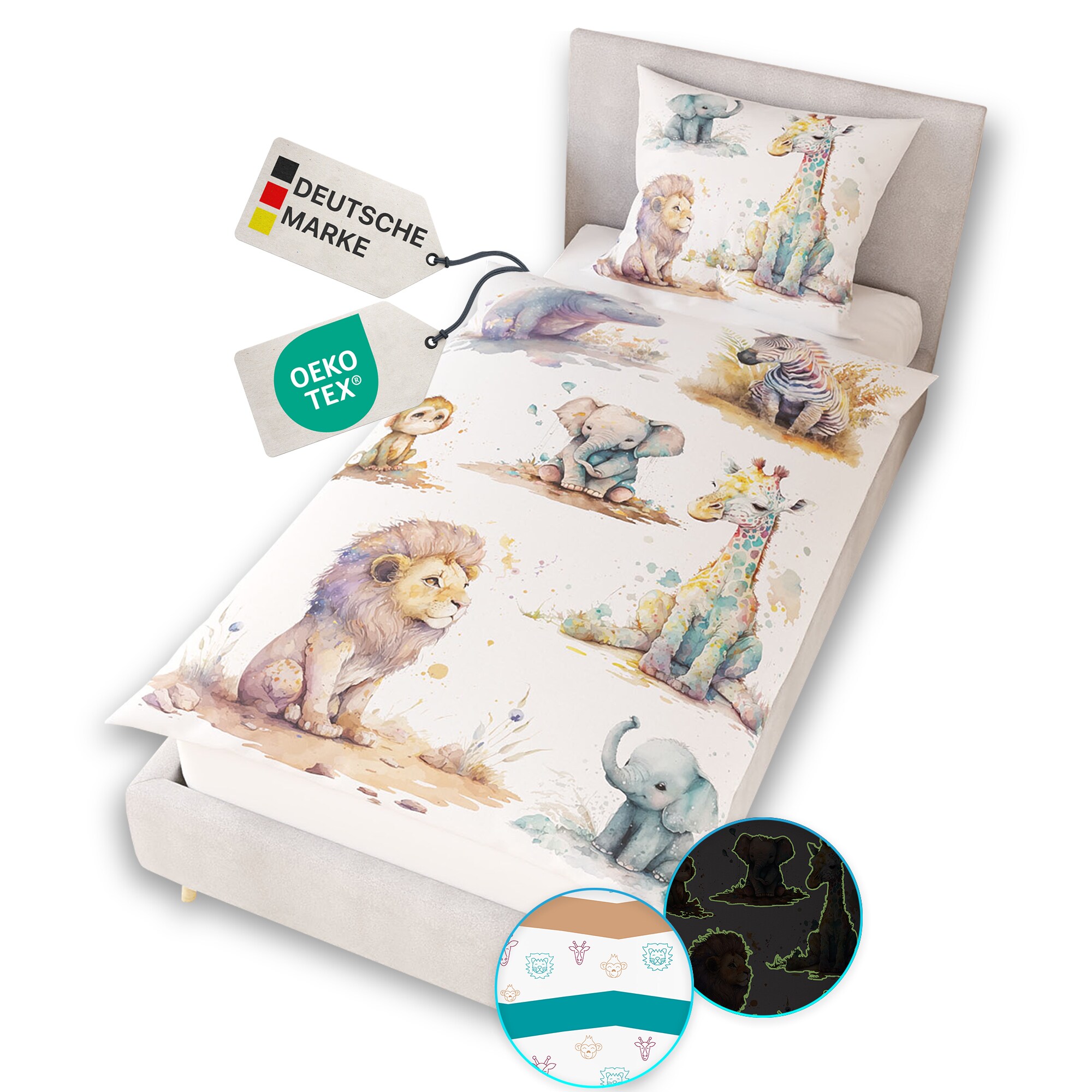NYVI Renforce Kinderbettw&auml;sche Glow in the Dark aus 100% Baumwolle - Vorderseite leuchtend, mit Wendemuster, Rei&szlig;verschluss, OEKO-TEX 100 Gr&ouml;&szlig;e:135x200 cm;Farbe:Tierkinder - Bild 1