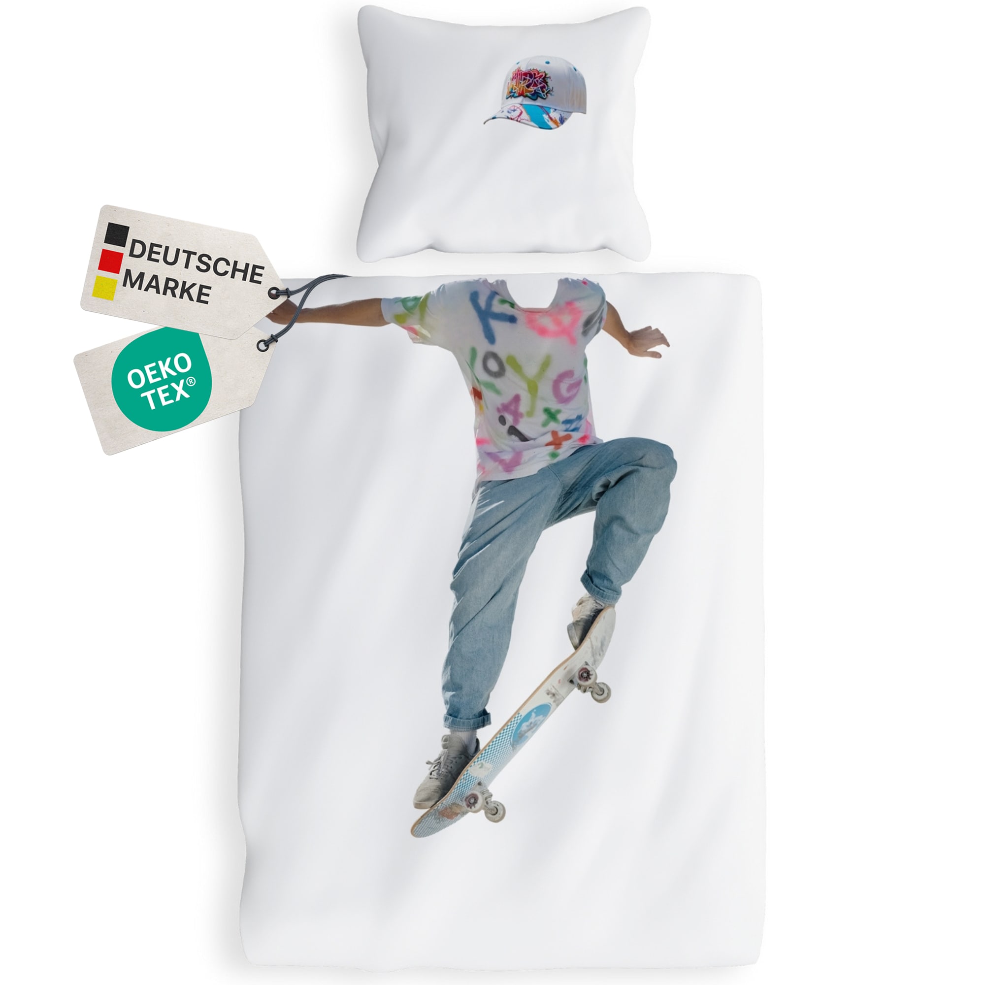 NYVI Renforce Kinderbettw&auml;sche Deluxe aus 100% Baumwolle magischer Druck - Kindergesicht erg&auml;nzt Muster, Rei&szlig;verschluss Gr&ouml;&szlig;e:135x200 cm;Farbe:Skater - Bild 1