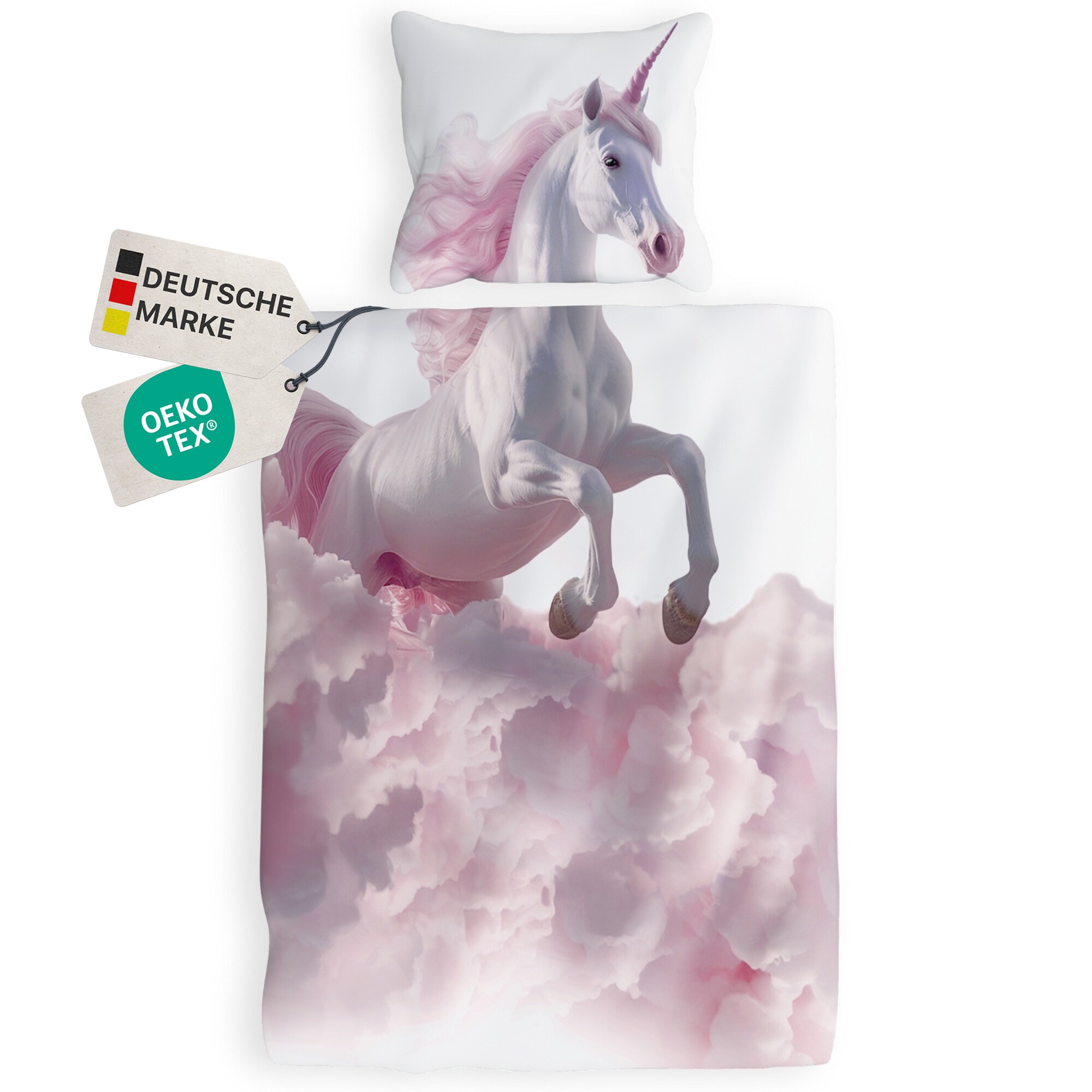 NYVI Renforce Kinderbettw&auml;sche Deluxe aus 100% Baumwolle magischer Druck - Kindergesicht erg&auml;nzt Muster, Rei&szlig;verschluss Gr&ouml;&szlig;e:135x200 cm;Farbe:Einhorn - Bild 1