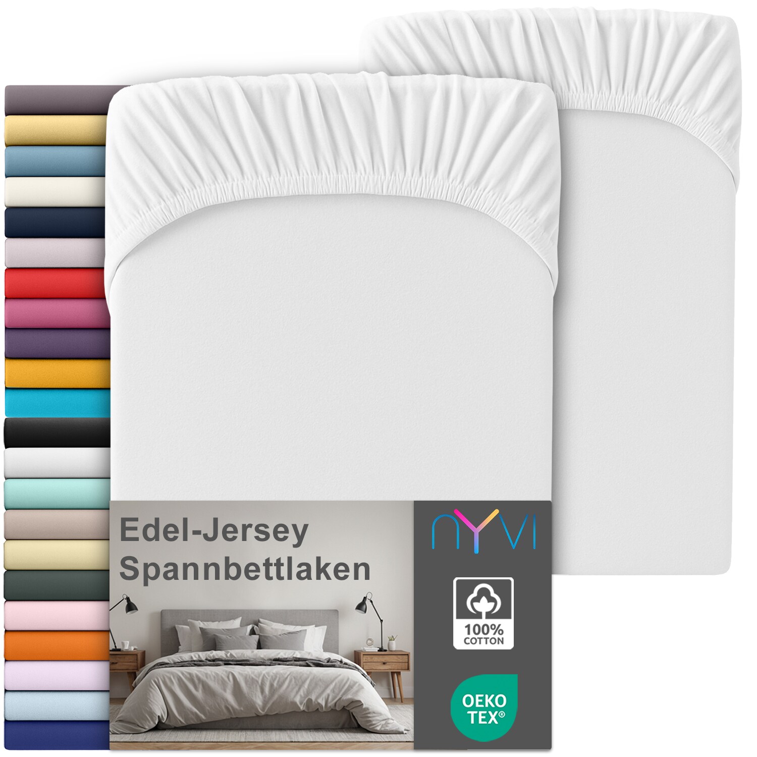 NYVI Edel Jersey Spannbettlaken Deluxe für Matratzen bis 25 cm Steghöhe – 100% Baumwolle supergekämmt, 140g/m², Rundumgummizug Farbe:Weiß;Größe:90-100 x 220 cm (2er Set) | 04255636668476