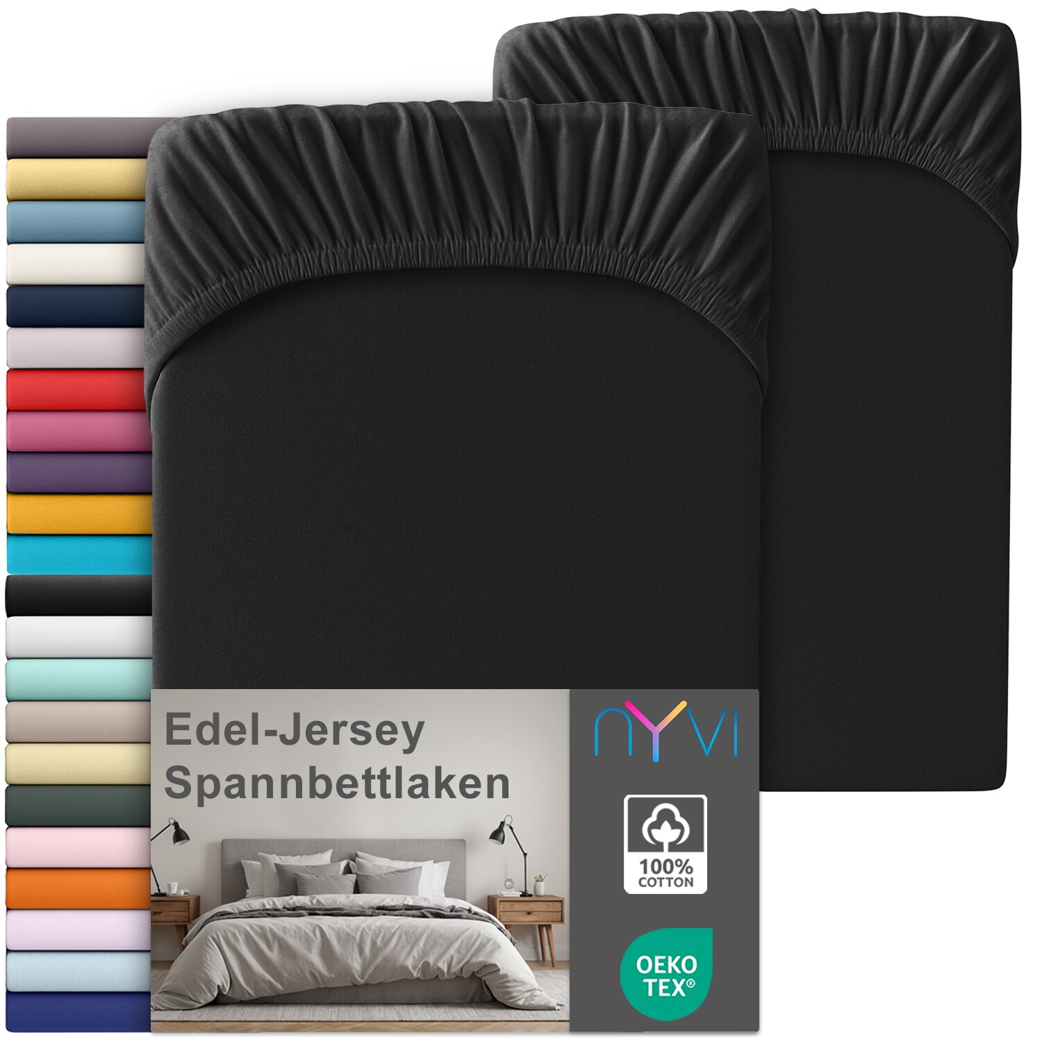NYVI Edel Jersey Spannbettlaken Deluxe für Matratzen bis 25 cm Steghöhe - 100% Baumwolle supergekämmt, 140g/m², Rundumgummizug Farbe:Schwarz;Größe:90-100 x 220 cm (2er Set)