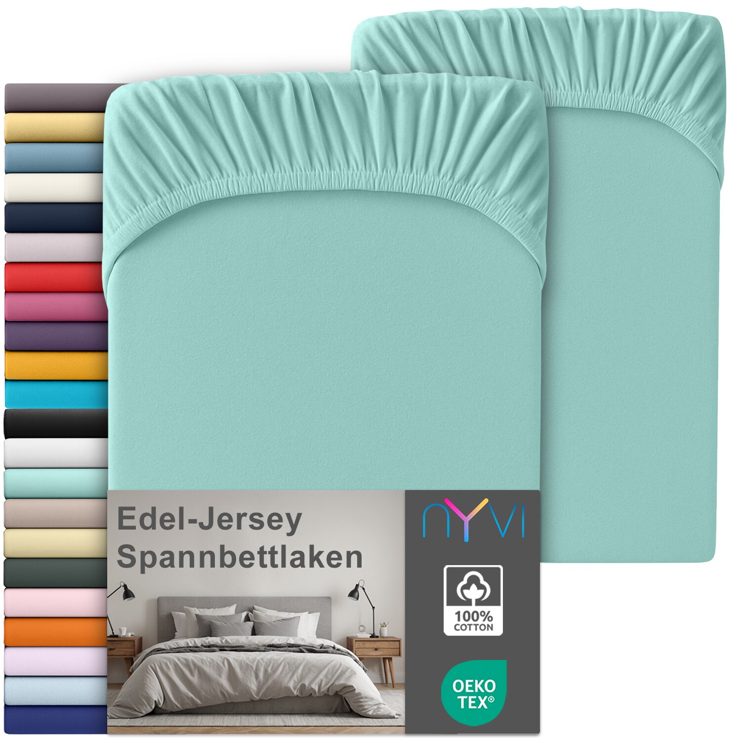 NYVI Edel Jersey Spannbettlaken Deluxe für Matratzen bis 25 cm Steghöhe - 100% Baumwolle supergekämmt, 140g/m², Rundumgummizug Farbe:Aqua;Größe:180-200 x 200 cm (2er Set)