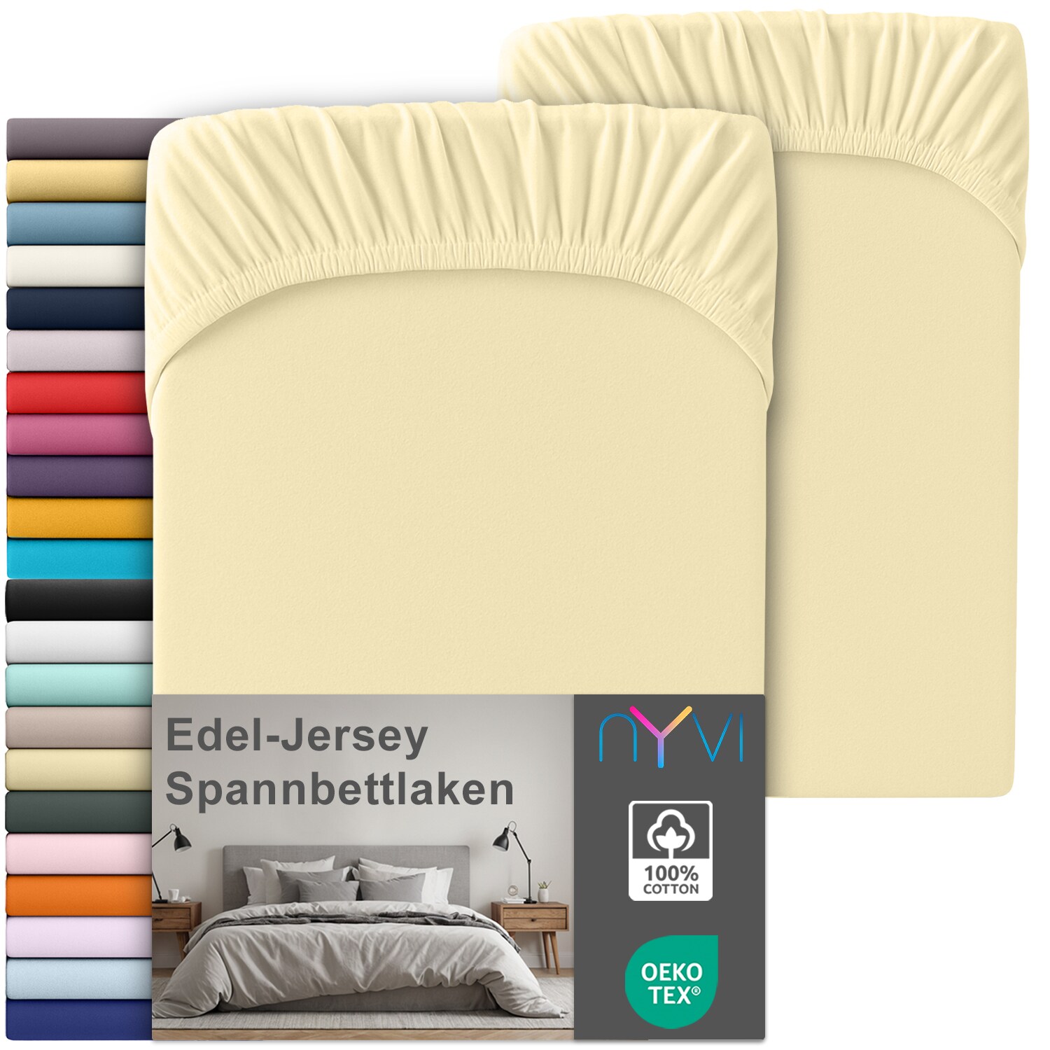NYVI Edel Jersey Spannbettlaken Deluxe für Matratzen bis 25 cm Steghöhe - 100% Baumwolle supergekämmt, 140g/m², Rundumgummizug Farbe:Vanille;Größe:90-100 x 200 cm (2er Set)