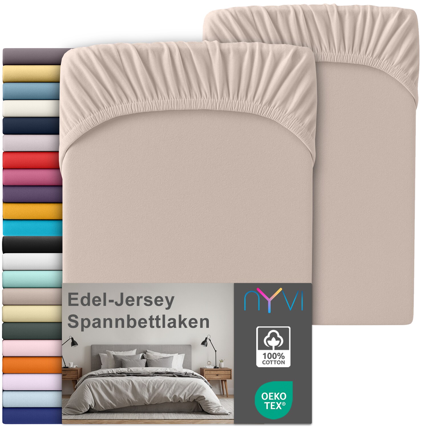 NYVI Edel Jersey Spannbettlaken Deluxe f&uuml;r Matratzen bis 25 cm Stegh&ouml;he - 100% Baumwolle supergek&auml;mmt, 140g/m&sup2;, Rundumgummizug Farbe:Basalt;Gr&ouml;&szlig;e:90-100 x 200 cm (2er Set) - Bild 1