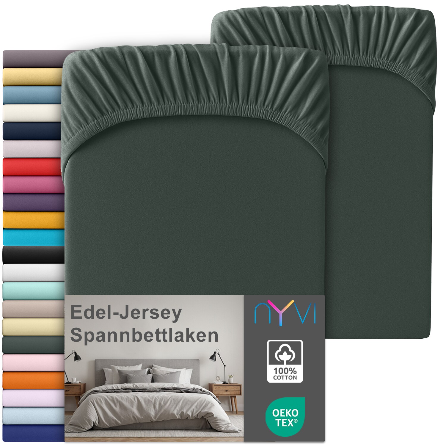NYVI Edel Jersey Spannbettlaken Deluxe für Matratzen bis 25 cm Steghöhe - 100% Baumwolle supergekämmt, 140g/m², Rundumgummizug Farbe:Anthrazit;Größe:90-100 x 200 cm (2er Set)