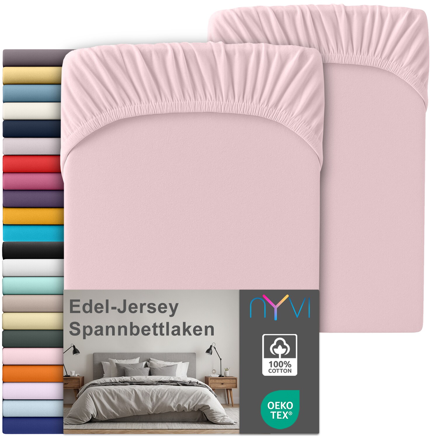 NYVI Edel Jersey Spannbettlaken Deluxe für Matratzen bis 25 cm Steghöhe - 100% Baumwolle supergekämmt, 140g/m², Rundumgummizug Farbe:Rosa;Größe:90-100 x 200 cm (2er Set)
