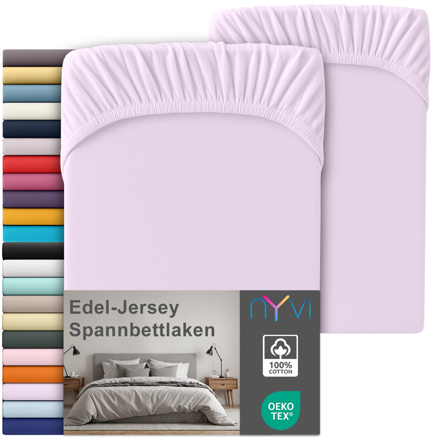 NYVI Edel Jersey Spannbettlaken Deluxe für Matratzen bis 25 cm Steghöhe - 100% Baumwolle supergekämmt, 140g/m², Rundumgummizug Farbe:Flieder;Größe:180-200 x 200 cm (2er Set)