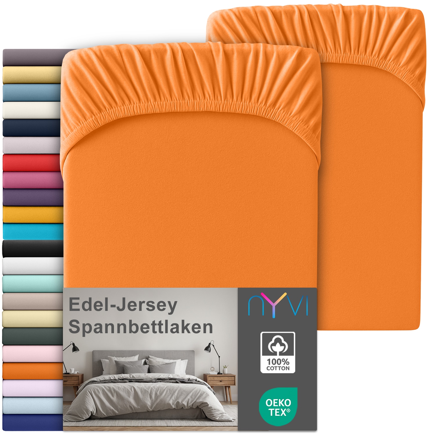NYVI Edel Jersey Spannbettlaken Deluxe f&uuml;r Matratzen bis 25 cm Stegh&ouml;he - 100% Baumwolle supergek&auml;mmt, 140g/m&sup2;, Rundumgummizug Farbe:Orange;Gr&ouml;&szlig;e:140-160 x 200 cm (2er Set) - Bild 1
