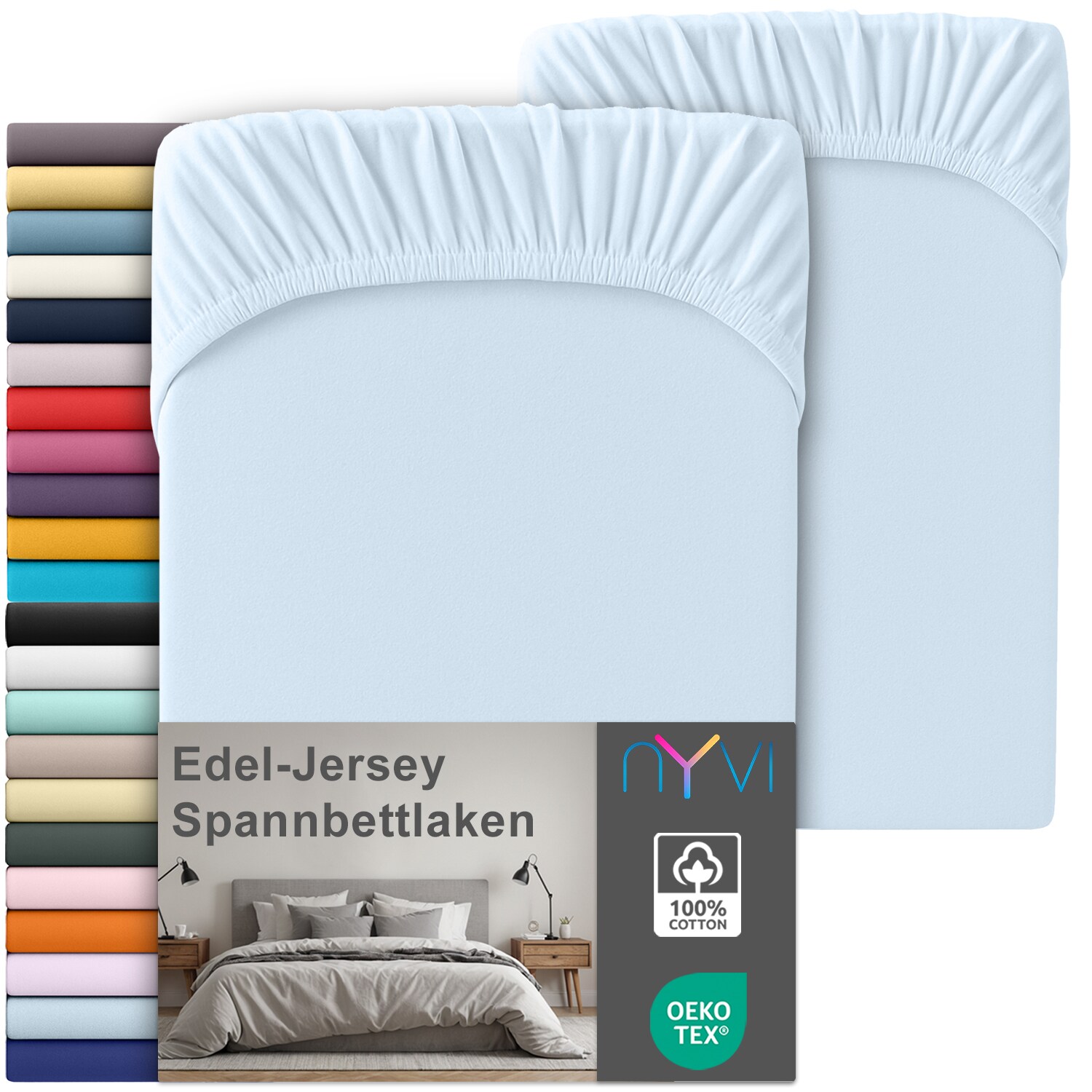 NYVI Edel Jersey Spannbettlaken Deluxe für Matratzen bis 25 cm Steghöhe - 100% Baumwolle supergekämmt, 140g/m², Rundumgummizug Farbe:Hellblau;Größe:140-160 x 200 cm (2er Set)