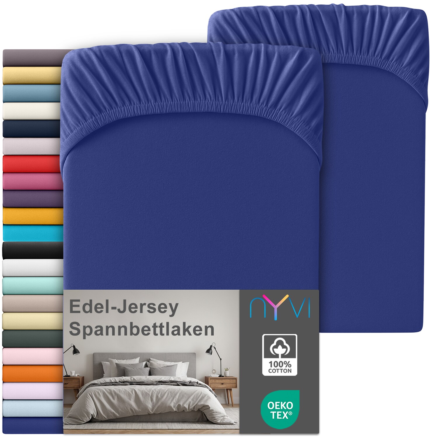 NYVI Edel Jersey Spannbettlaken Deluxe für Matratzen bis 25 cm Steghöhe - 100% Baumwolle supergekämmt, 140g/m², Rundumgummizug Farbe:Royalblau;Größe:180-200 x 200 cm (2er Set)