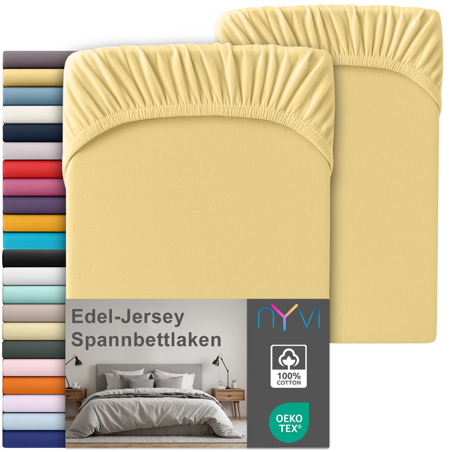 NYVI Edel Jersey Spannbettlaken Deluxe für Matratzen bis 25 cm Steghöhe - 100% Baumwolle supergekämmt, 140g/m², Rundumgummizug Farbe:Gelb;Größe:140-160 x 200 cm (2er Set)