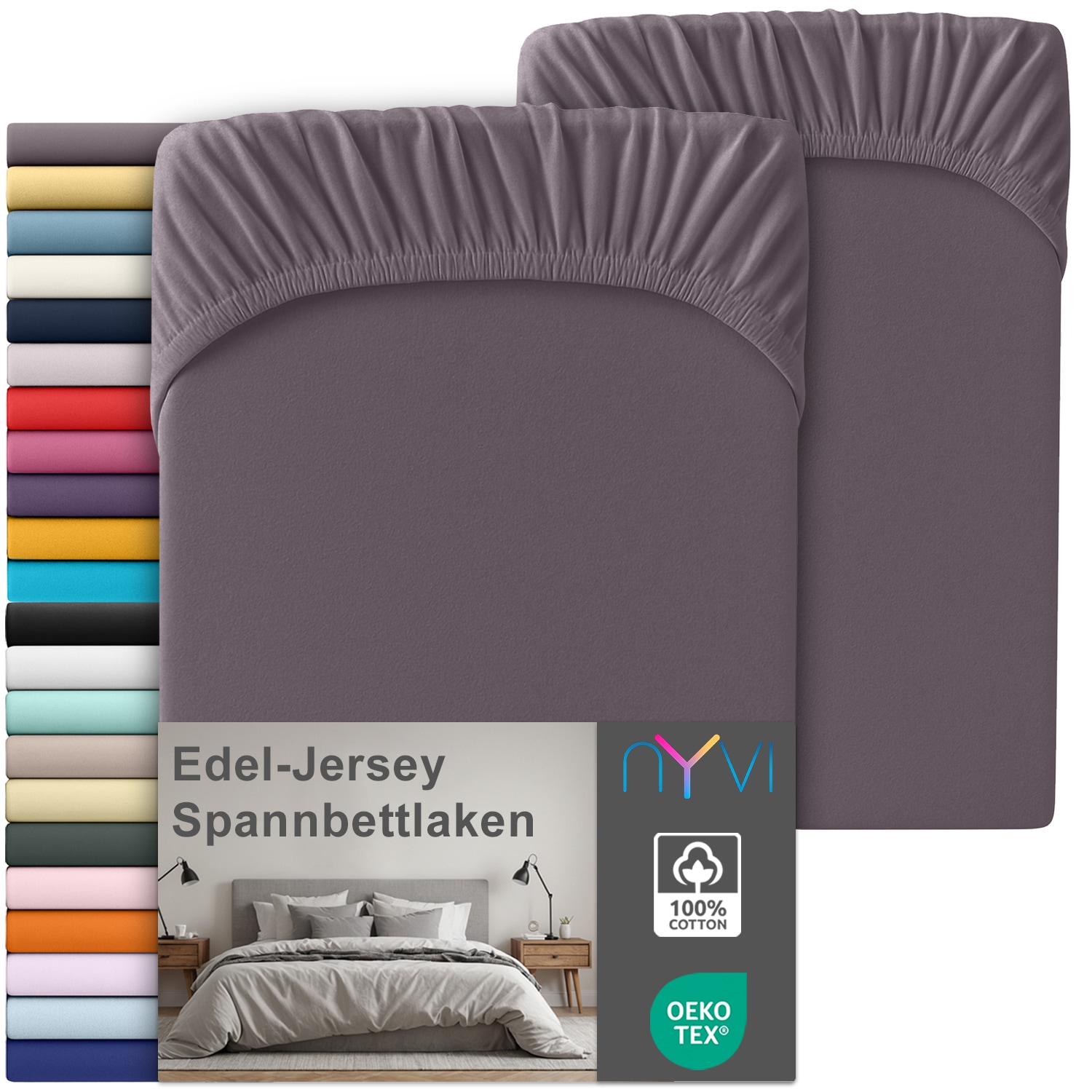 NYVI Edel Jersey Spannbettlaken Deluxe f&uuml;r Matratzen bis 25 cm Stegh&ouml;he - 100% Baumwolle supergek&auml;mmt, 140g/m&sup2;, Rundumgummizug Farbe:Graphit;Gr&ouml;&szlig;e:90-100 x 200 cm (2er Set) - Bild 1
