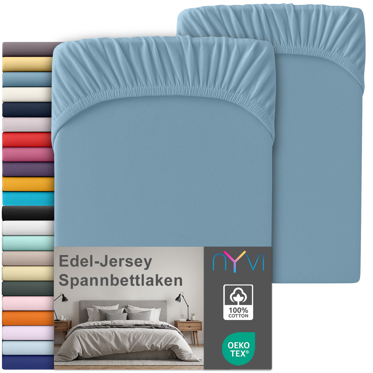NYVI Edel Jersey Spannbettlaken Deluxe für Matratzen bis 25 cm Steghöhe - 100% Baumwolle supergekämmt, 140g/m², Rundumgummizug Farbe:Stahlblau;Größe:90-100 x 200 cm (2er Set)