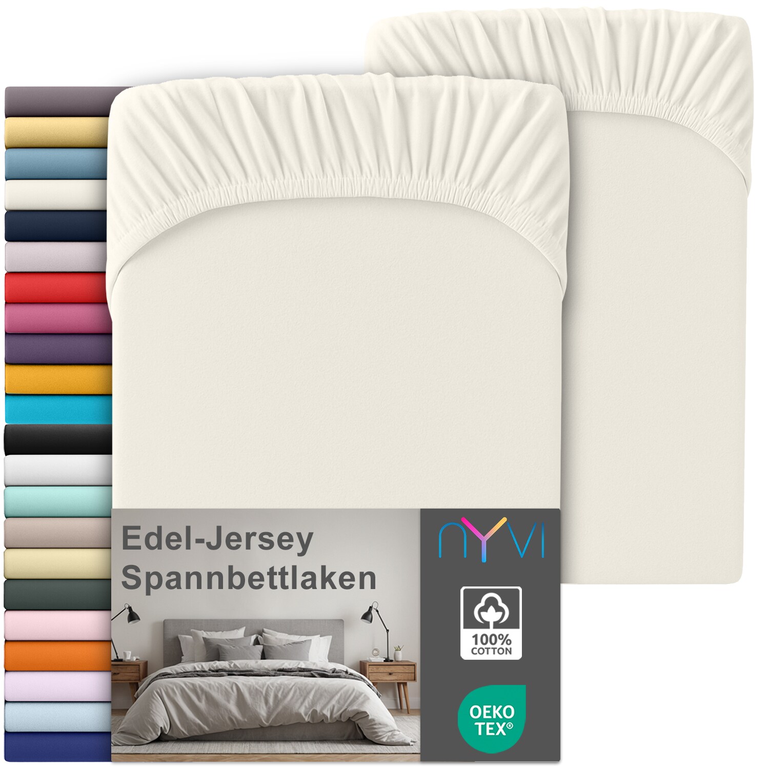 NYVI Edel Jersey Spannbettlaken Deluxe für Matratzen bis 25 cm Steghöhe - 100% Baumwolle supergekämmt, 140g/m², Rundumgummizug Farbe:Creme;Größe:140-160 x 200 cm (2er Set)