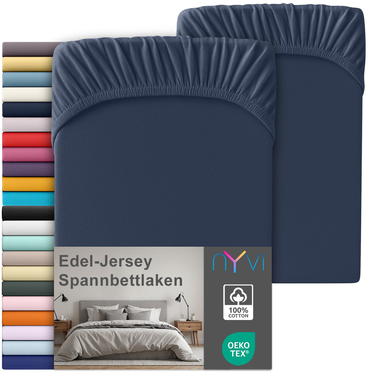 NYVI Edel Jersey Spannbettlaken Deluxe für Matratzen bis 25 cm Steghöhe - 100% Baumwolle supergekämmt, 140g/m², Rundumgummizug Farbe:Marineblau;Größe:180-200 x 200 cm (2er Set)