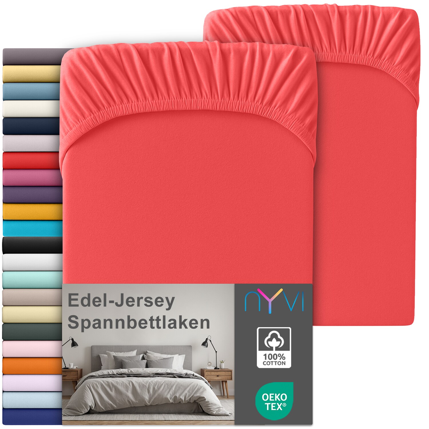 NYVI Edel Jersey Spannbettlaken Deluxe für Matratzen bis 25 cm Steghöhe - 100% Baumwolle supergekämmt, 140g/m², Rundumgummizug Farbe:Rot;Größe:90-100 x 200 cm (2er Set)