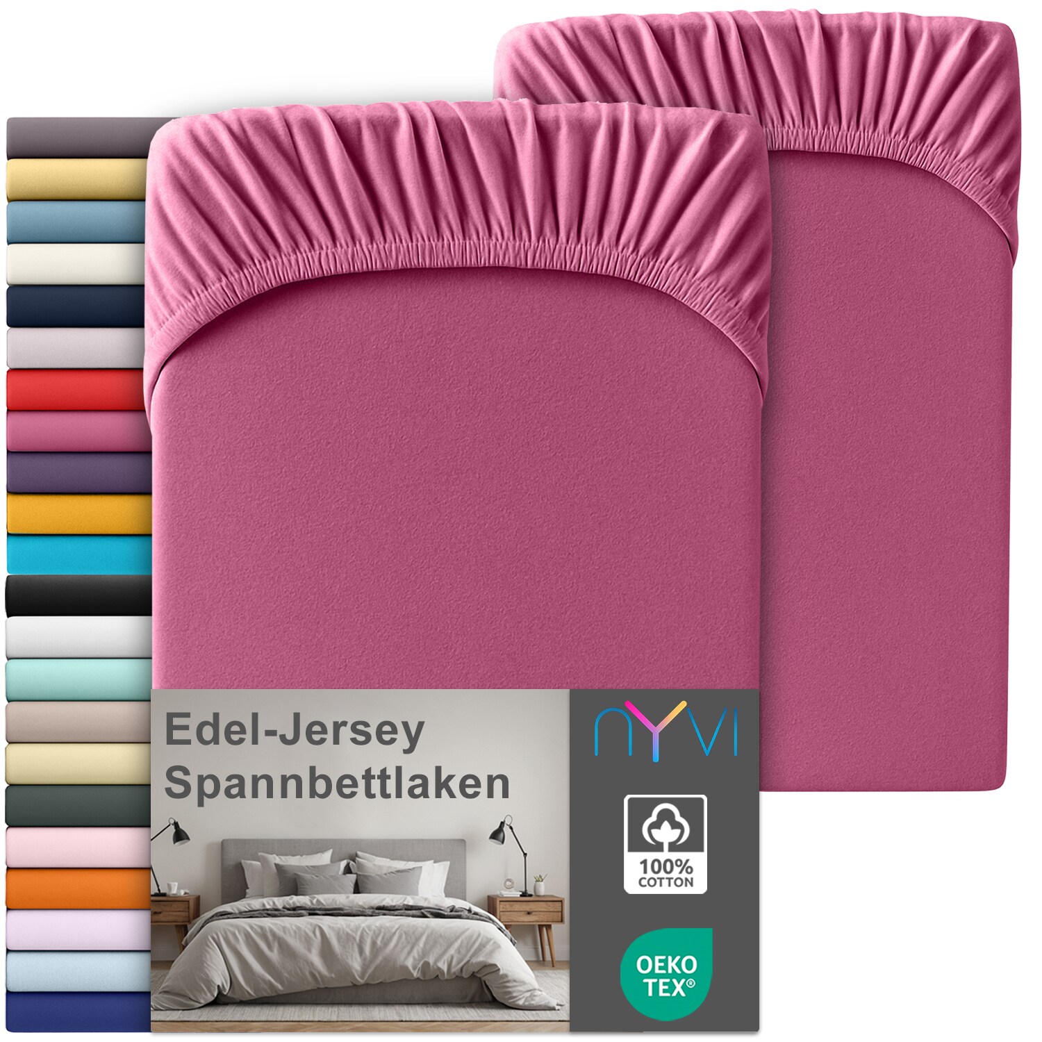 NYVI Edel Jersey Spannbettlaken Deluxe für Matratzen bis 25 cm Steghöhe - 100% Baumwolle supergekämmt, 140g/m², Rundumgummizug Farbe:Pink;Größe:90-100 x 200 cm (2er Set)
