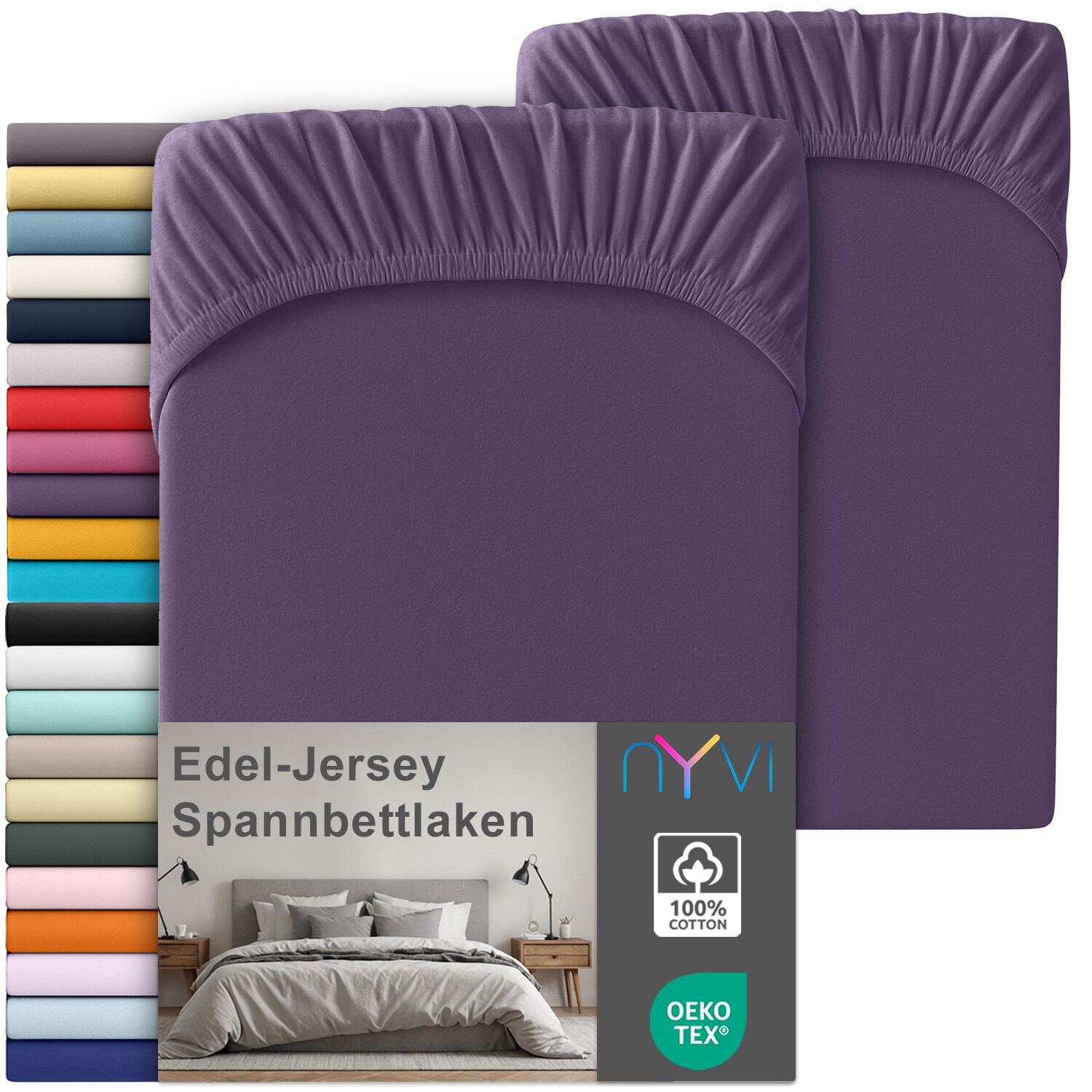 NYVI Edel Jersey Spannbettlaken Deluxe für Matratzen bis 25 cm Steghöhe - 100% Baumwolle supergekämmt, 140g/m², Rundumgummizug Farbe:Violett;Größe:180-200 x 200 cm (2er Set)