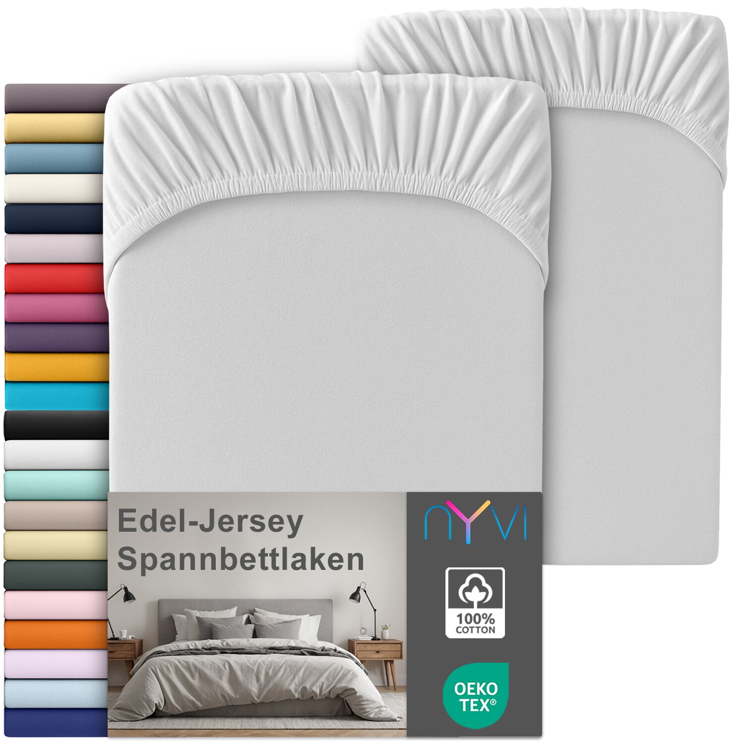 NYVI Edel Jersey Spannbettlaken Deluxe für Matratzen bis 25 cm Steghöhe - 100% Baumwolle supergekämmt, 140g/m², Rundumgummizug Farbe:Silber;Größe:140-160 x 200 cm (2er Set)