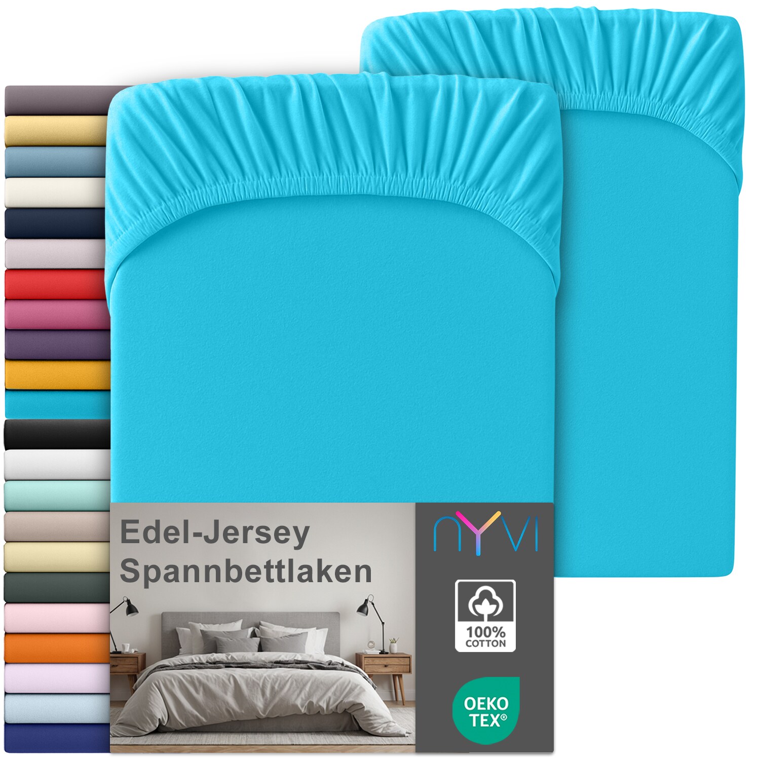 NYVI Edel Jersey Spannbettlaken Deluxe für Matratzen bis 25 cm Steghöhe - 100% Baumwolle supergekämmt, 140g/m², Rundumgummizug Farbe:Türkis;Größe:90-100 x 200 cm (2er Set)