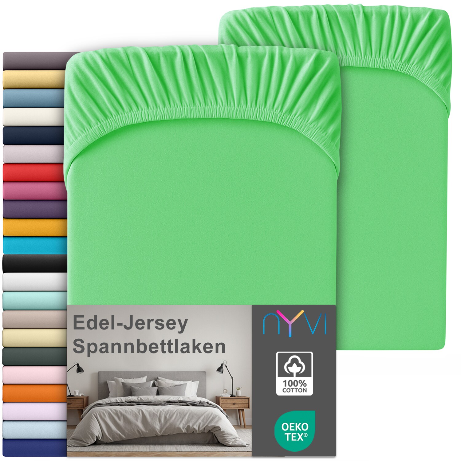 NYVI Edel Jersey Spannbettlaken Deluxe für Matratzen bis 25 cm Steghöhe - 100% Baumwolle supergekämmt, 140g/m², Rundumgummizug Farbe:Apfel;Größe:140-160 x 200 cm (2er Set)