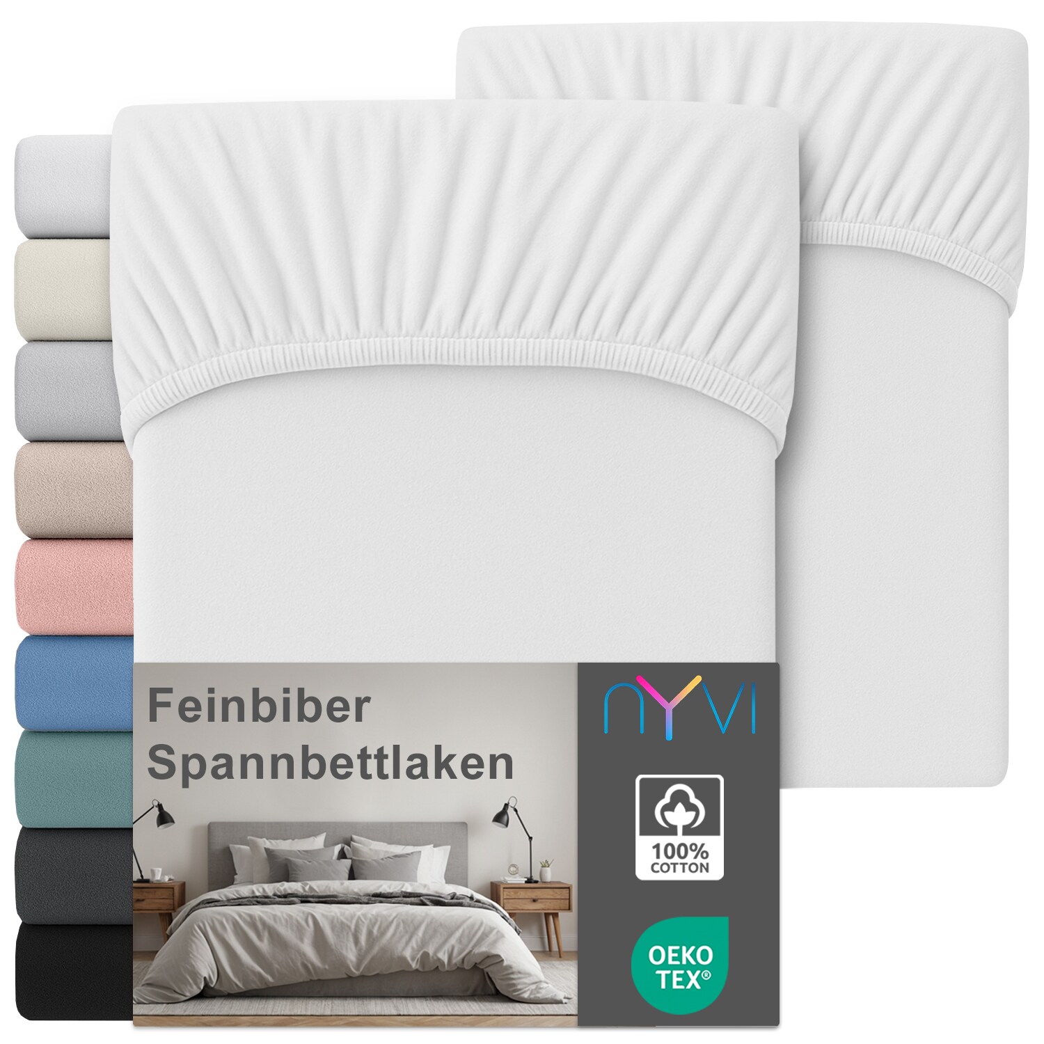 NYVI Feinbiber Spannbettlaken Deluxe für Matratzen bis 25 cm Steghöhe - Extra Warm & Weich, 100% Baumwolle, Bügelfrei, Vorgekrumpft Farbe:Weiß;Größe:180x200 cm (2er Set)