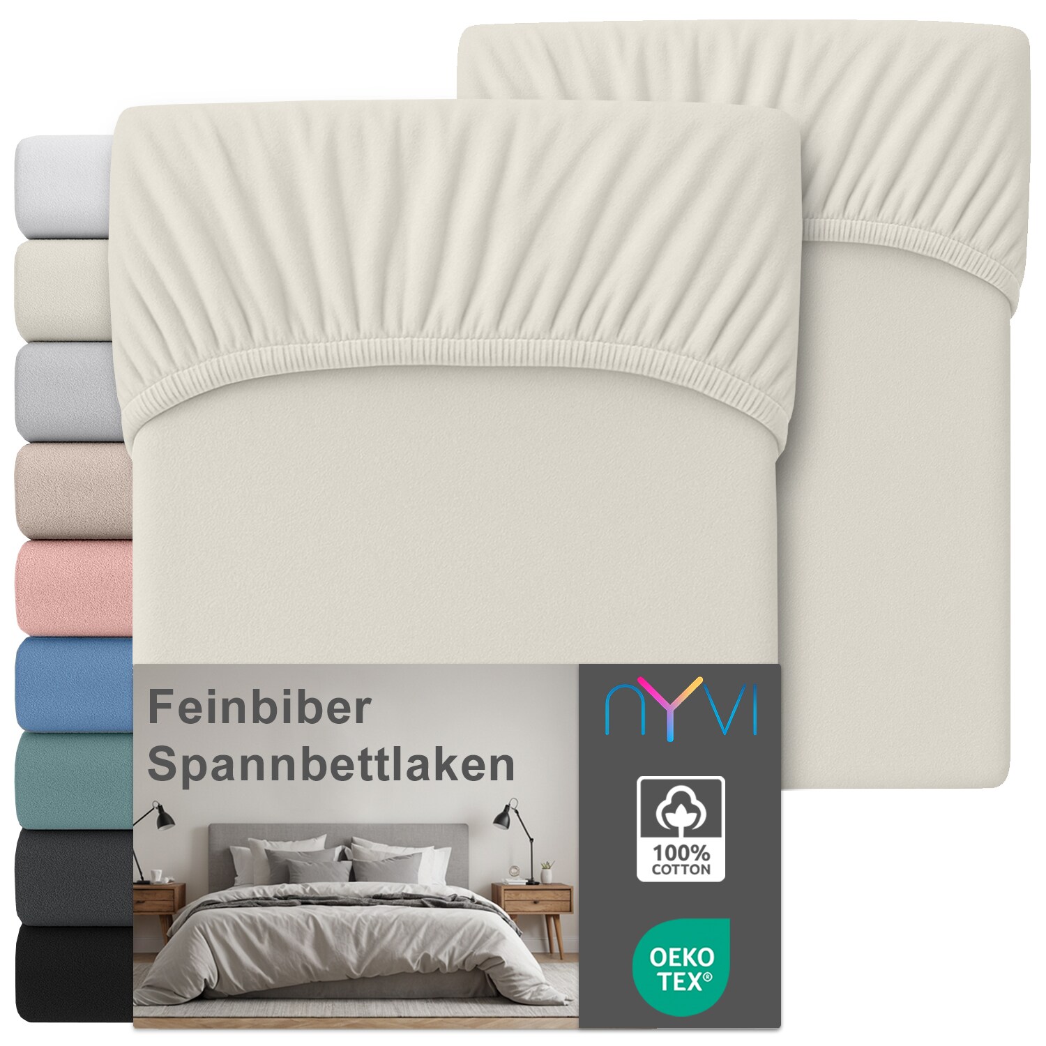 NYVI Feinbiber Spannbettlaken Deluxe f&uuml;r Matratzen bis 25 cm Stegh&ouml;he - Extra Warm & Weich, 100% Baumwolle, B&uuml;gelfrei, Vorgekrumpft Farbe:Creme;Gr&ouml;&szlig;e:180x200 cm (2er Set) - Bild 1