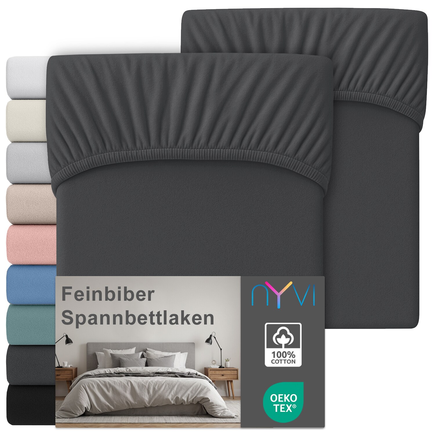 NYVI Feinbiber Spannbettlaken Deluxe für Matratzen bis 25 cm Steghöhe - Extra Warm & Weich, 100% Baumwolle, Bügelfrei, Vorgekrumpft Farbe:Anthrazit;Größe:90x200 cm (2er Set)