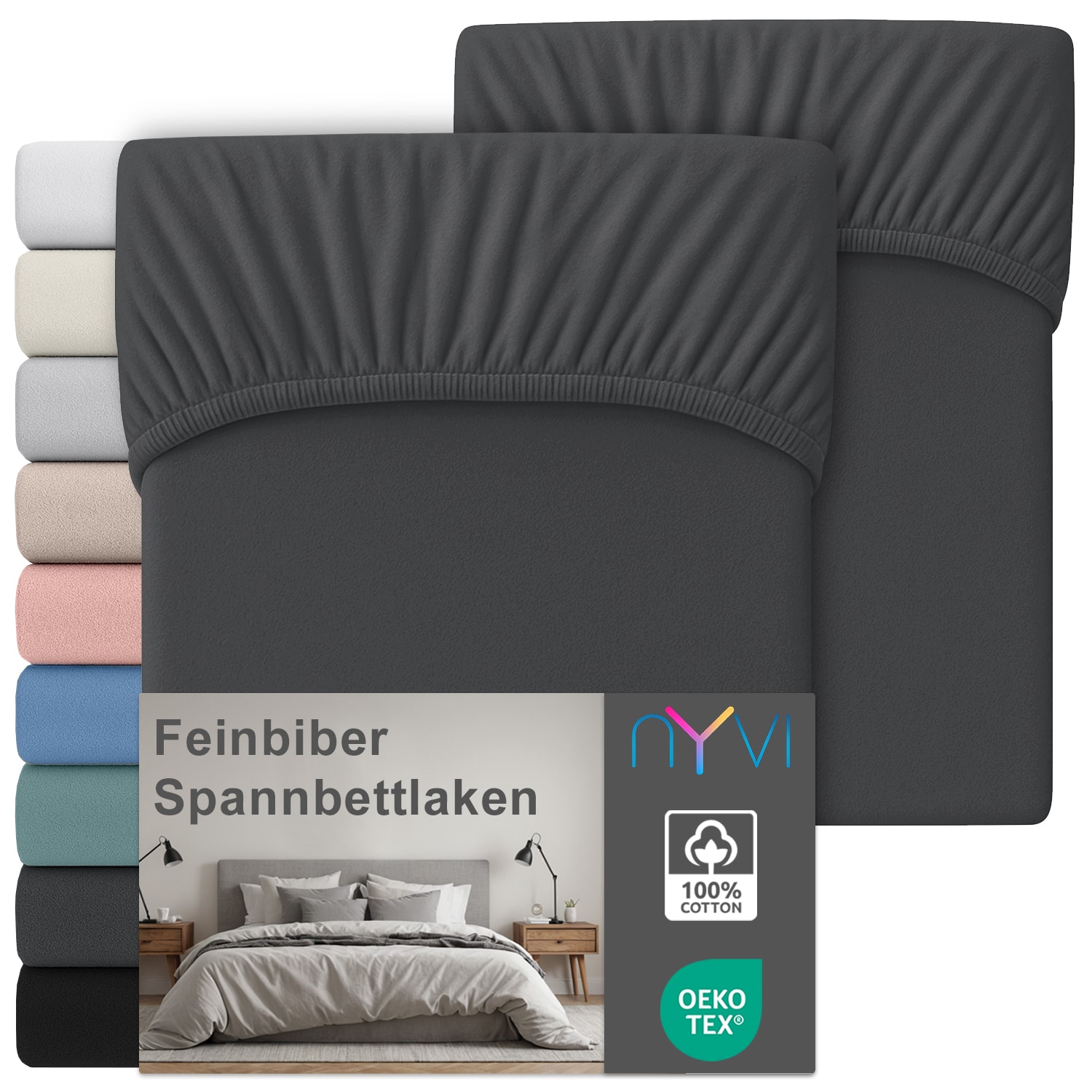 NYVI Feinbiber Spannbettlaken Deluxe f&uuml;r Matratzen bis 25 cm Stegh&ouml;he - Extra Warm & Weich, 100% Baumwolle, B&uuml;gelfrei, Vorgekrumpft Farbe:Anthrazit;Gr&ouml;&szlig;e:180x200 cm (2er Set) - Bild 1