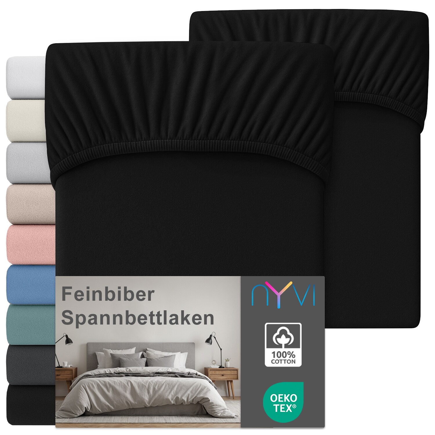 NYVI Feinbiber Spannbettlaken Deluxe für Matratzen bis 25 cm Steghöhe - Extra Warm & Weich, 100% Baumwolle, Bügelfrei, Vorgekrumpft Farbe:Schwarz;Größe:90x200 cm (2er Set)