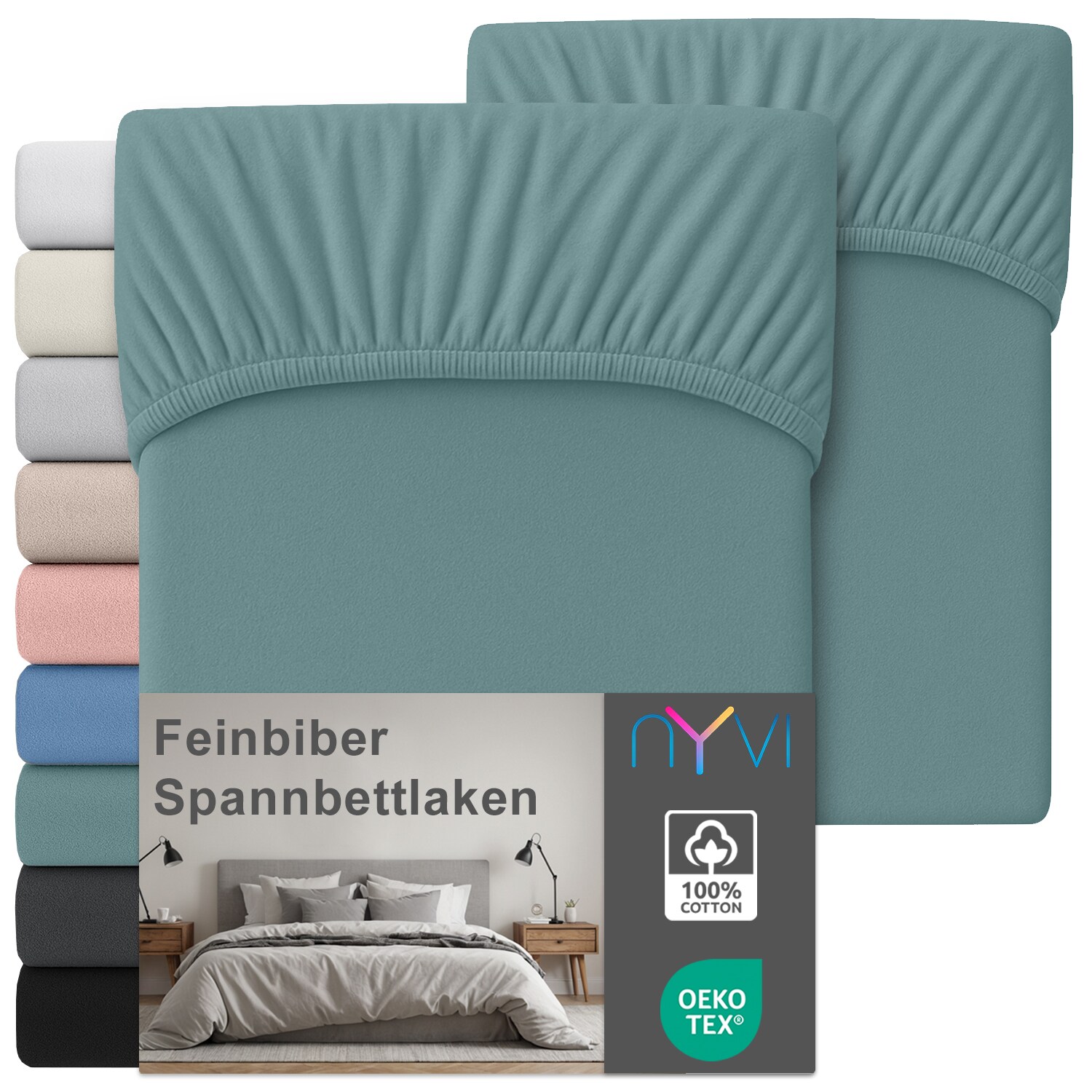 NYVI Feinbiber Spannbettlaken Deluxe f&uuml;r Matratzen bis 25 cm Stegh&ouml;he - Extra Warm & Weich, 100% Baumwolle, B&uuml;gelfrei, Vorgekrumpft Farbe:Lindgr&uuml;n;Gr&ouml;&szlig;e:180x200 cm (2er Set) - Bild 1