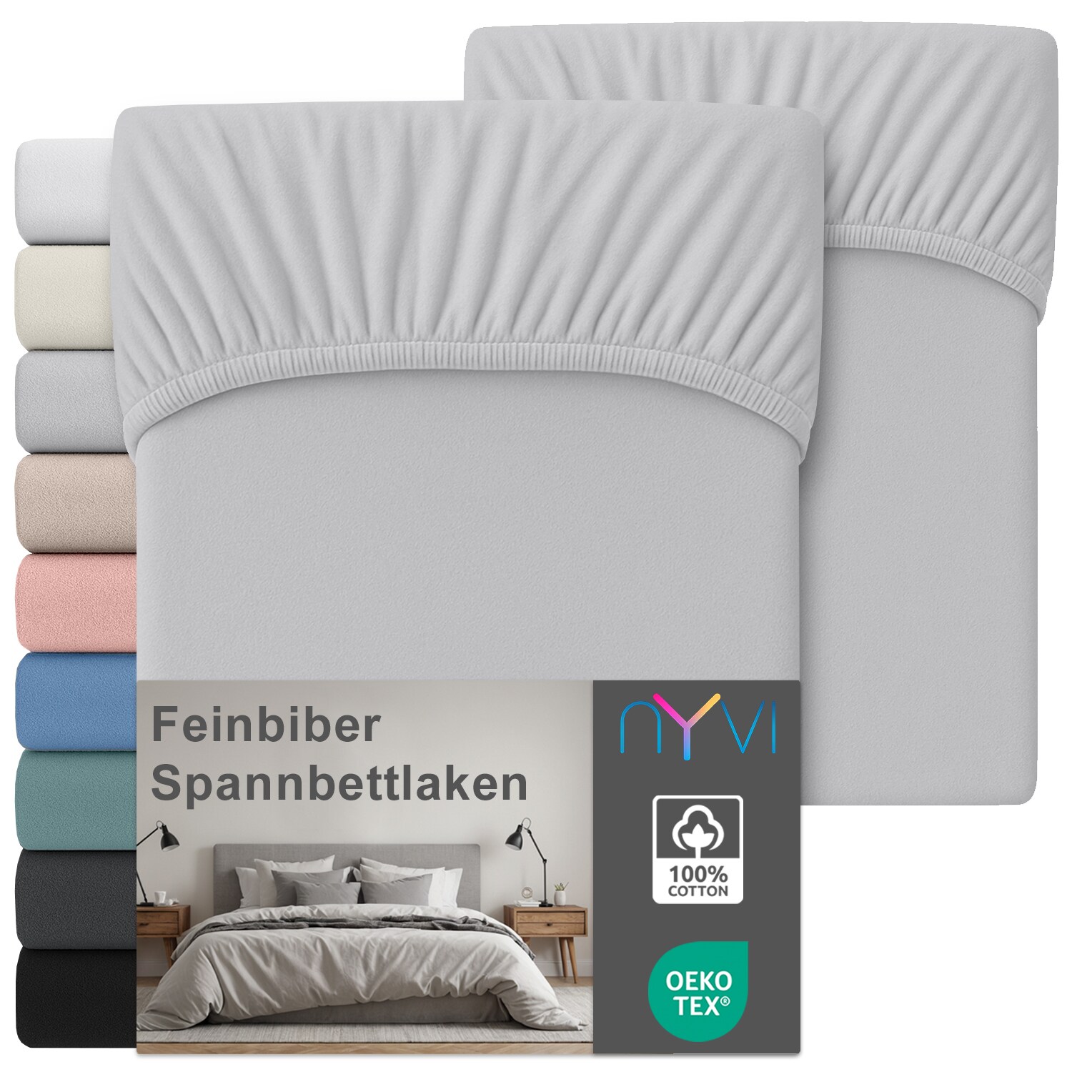 NYVI Feinbiber Spannbettlaken Deluxe für Matratzen bis 25 cm Steghöhe - Extra Warm & Weich, 100% Baumwolle, Bügelfrei, Vorgekrumpft Farbe:Silber;Größe:90x200 cm (2er Set)