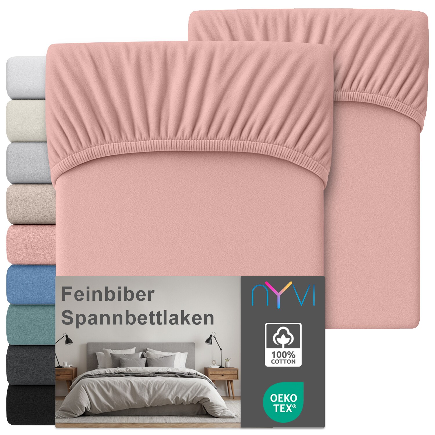 NYVI Feinbiber Spannbettlaken Deluxe f&uuml;r Matratzen bis 25 cm Stegh&ouml;he - Extra Warm & Weich, 100% Baumwolle, B&uuml;gelfrei, Vorgekrumpft Farbe:Altrosa;Gr&ouml;&szlig;e:90x200 cm (2er Set) - Bild 1